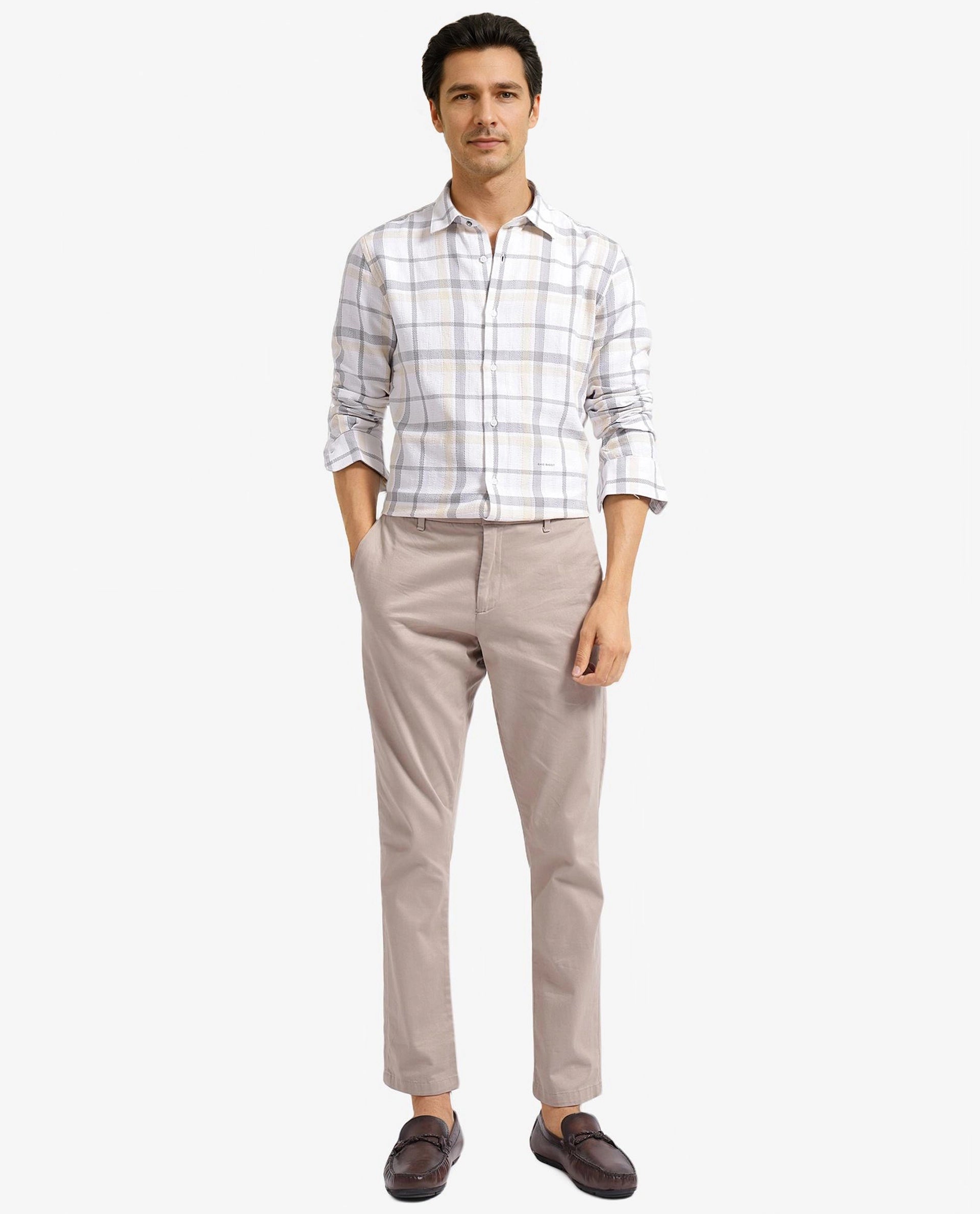 Rare Rabbit Men Chigo White Cotton Fabric Regular Collar Button Closure Slim Fit Checks Shirt