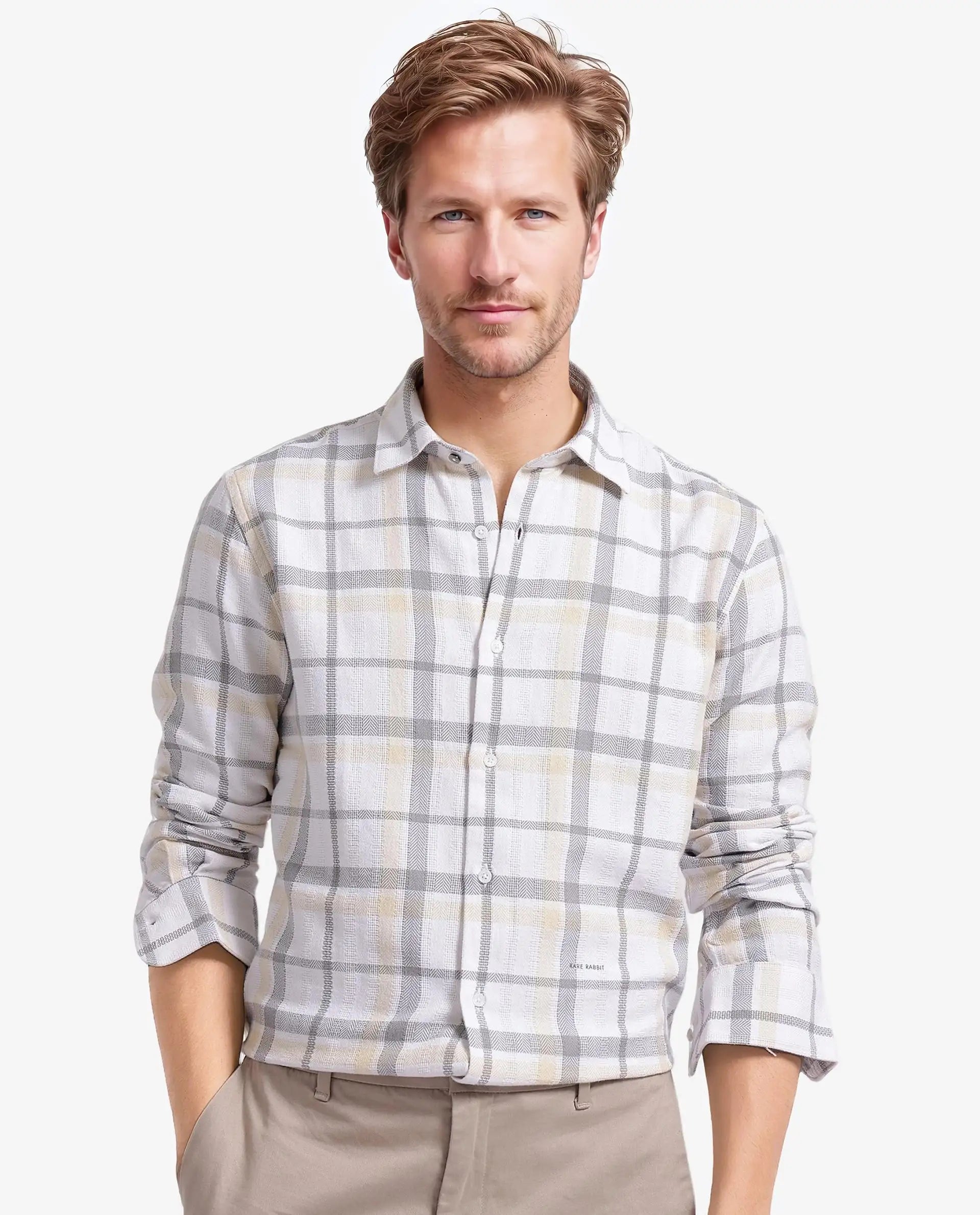 Rare Rabbit Men Chigo White Cotton Fabric Regular Collar Button Closure Slim Fit Checks Shirt