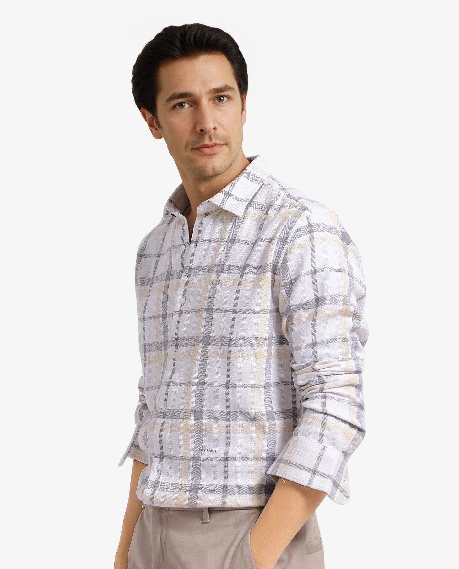 Rare Rabbit Men Chigo White Cotton Fabric Regular Collar Button Closure Slim Fit Checks Shirt