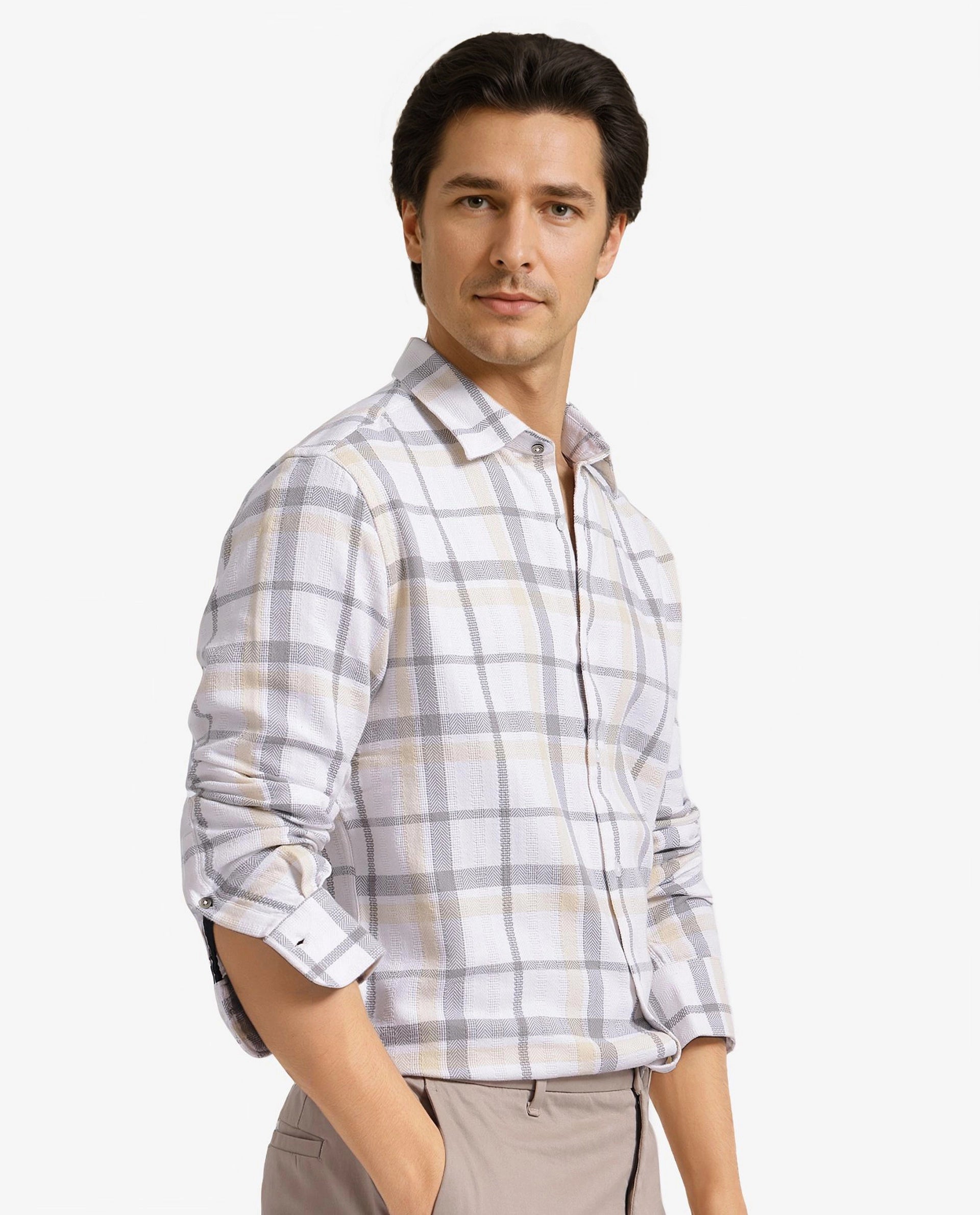 Rare Rabbit Men Chigo White Cotton Fabric Regular Collar Button Closure Slim Fit Checks Shirt