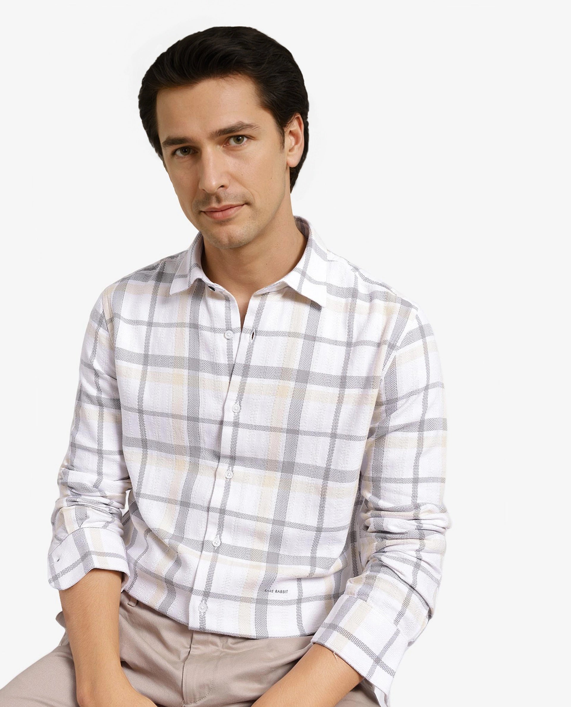 Rare Rabbit Men Chigo White Cotton Fabric Regular Collar Button Closure Slim Fit Checks Shirt