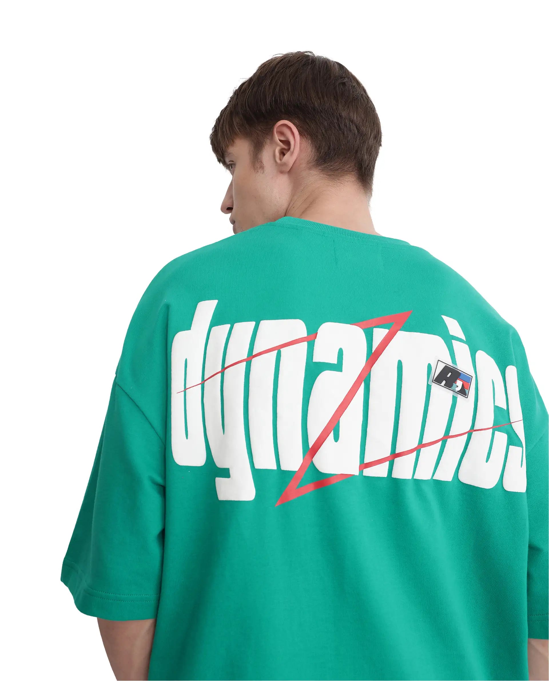 Rare Rabbit Men Chile Green Cotton Fabric Short Sleeve Crew Neck Oversized Fit Typography Backprint T-Shirt