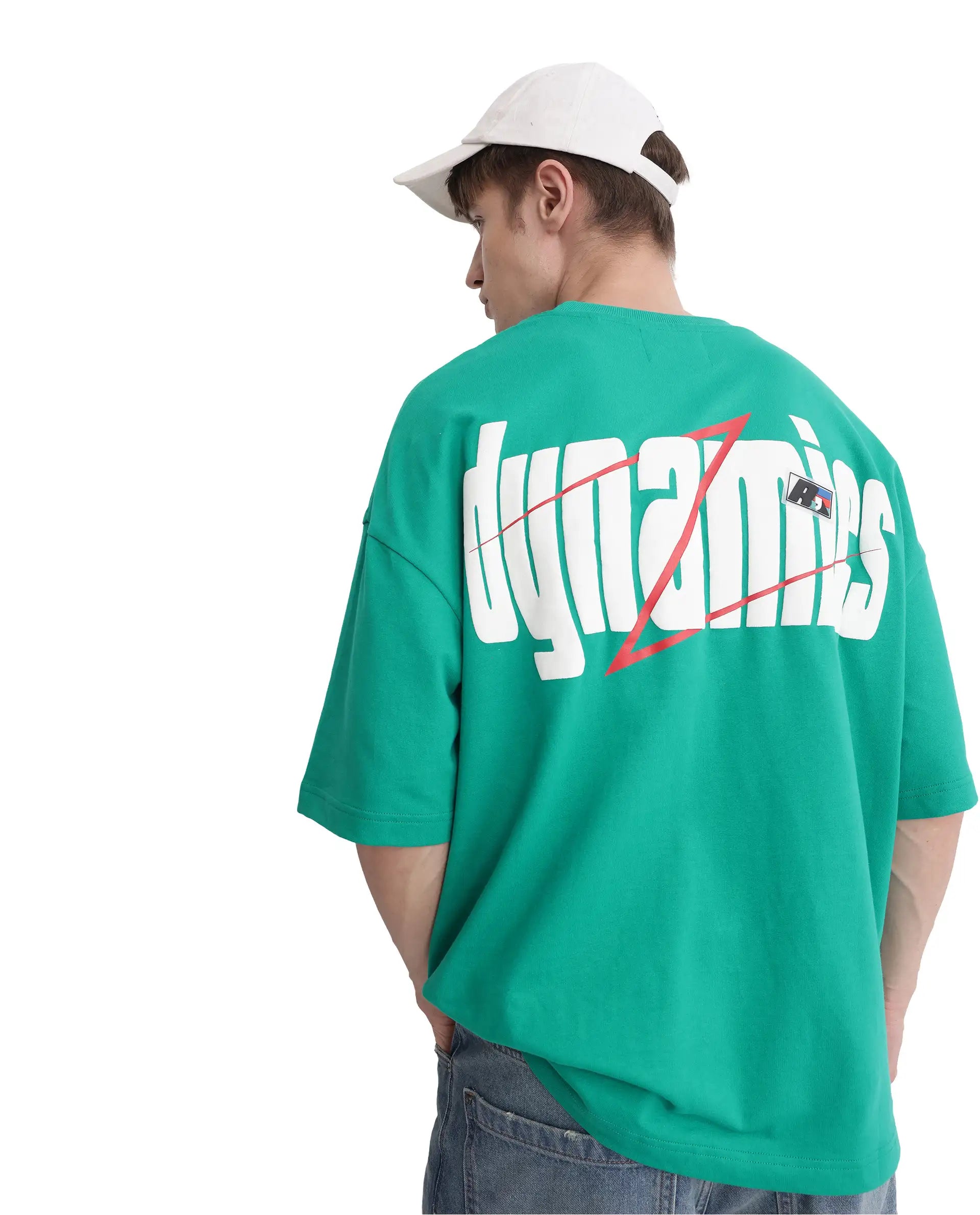 Rare Rabbit Men Chile Green Cotton Fabric Short Sleeve Crew Neck Oversized Fit Typography Backprint T-Shirt