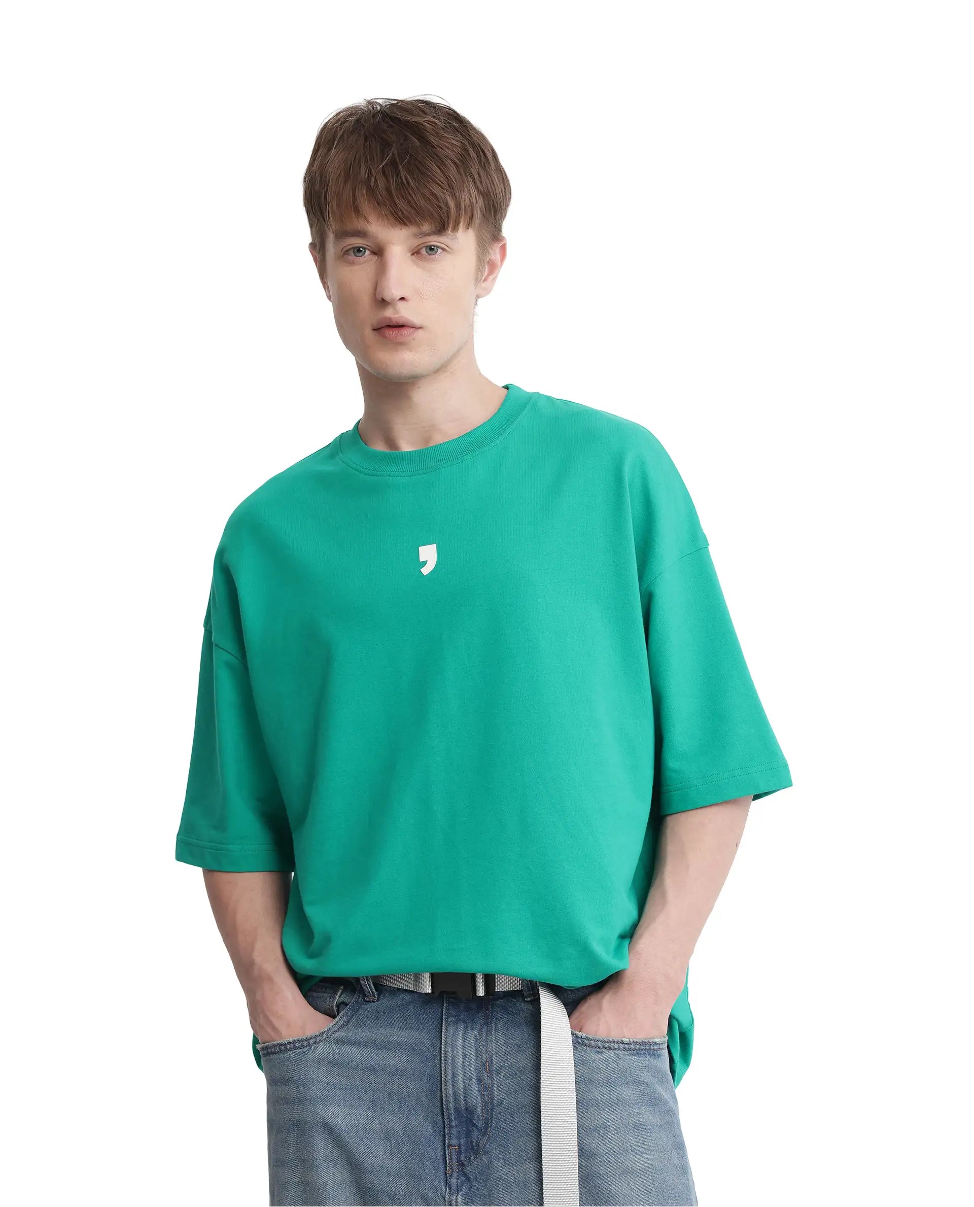 Rare Rabbit Men Chile Green Cotton Fabric Short Sleeve Crew Neck Oversized Fit Typography Backprint T-Shirt