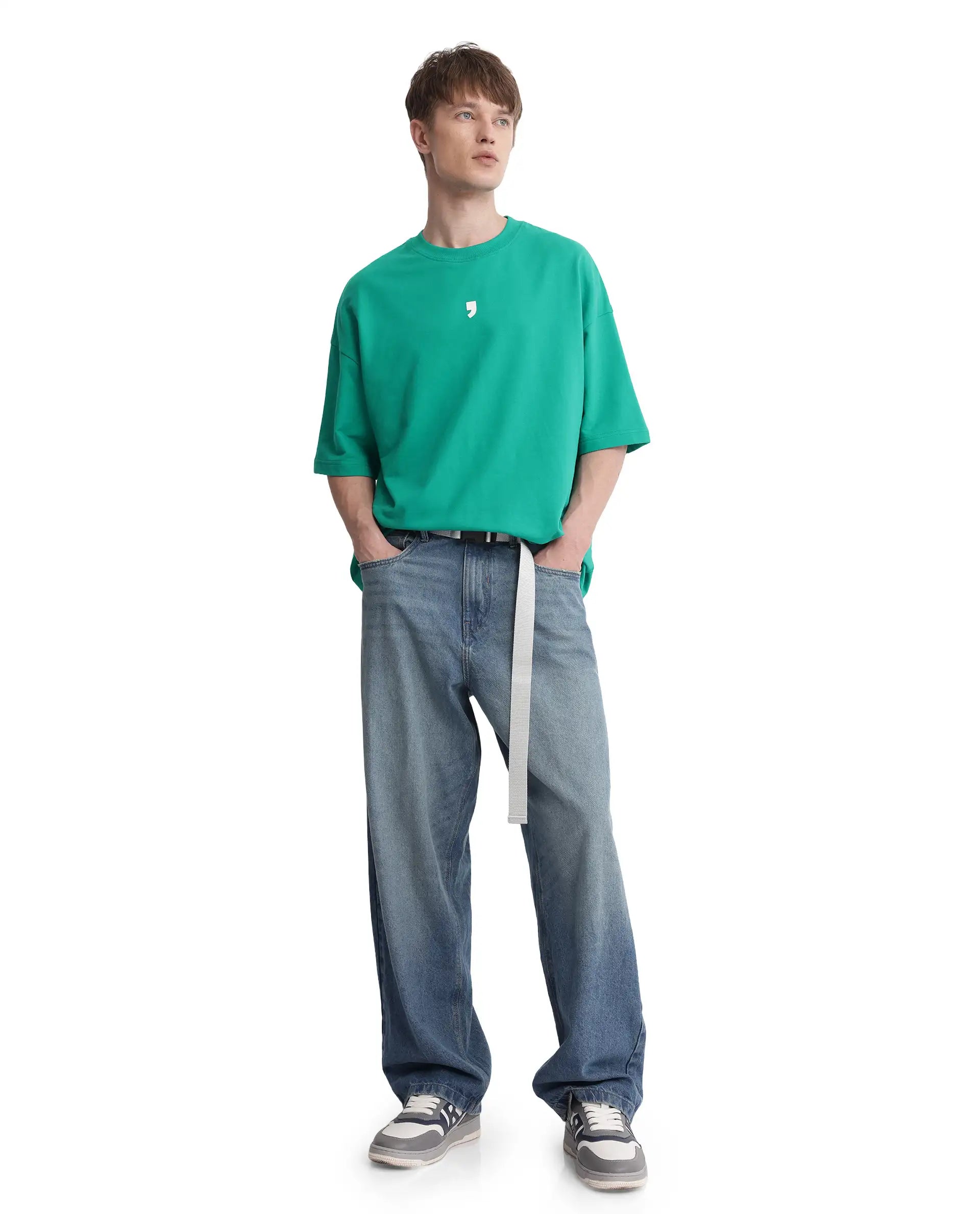 Rare Rabbit Men Chile Green Cotton Fabric Short Sleeve Crew Neck Oversized Fit Typography Backprint T-Shirt