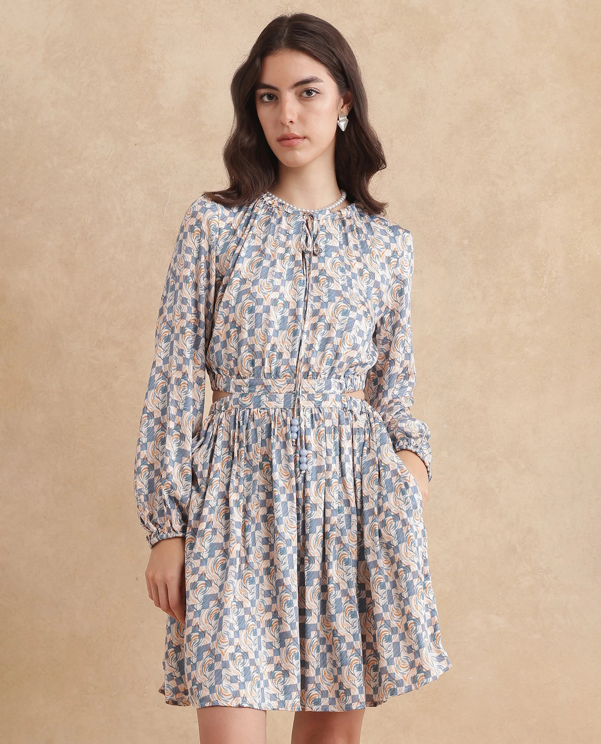 Rareism Women Chile Light Multi Cotton Blend Fabric Puffed Sleeve Round Neck A-Line Knee Length Geometric Print Dress