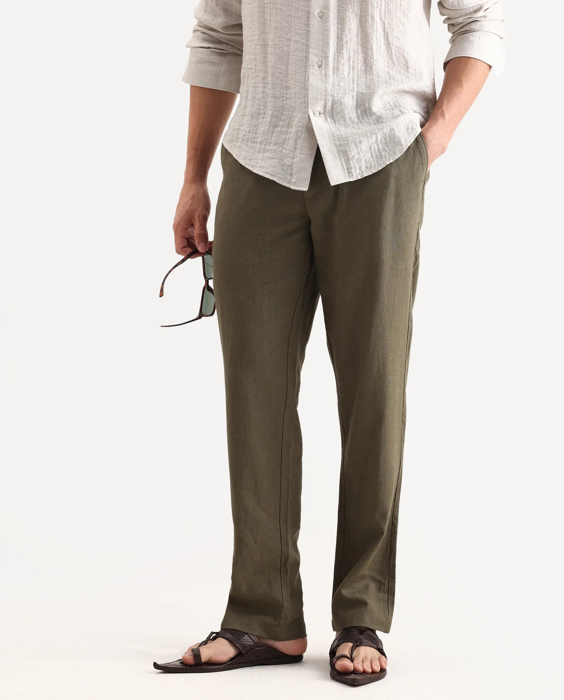 Rare Rabbit Men Chinio Dark Olive Linen Blend Drawstring Closure Plain Trouser