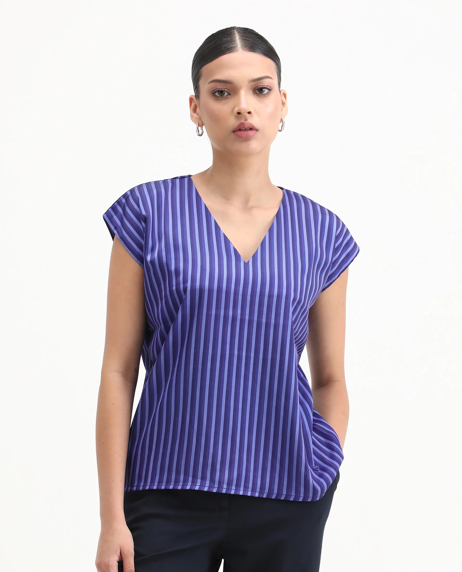 Rareism Women's Chinita Blue Satin V-Neck Striped Extended Sleeves Boxy Fit Top
