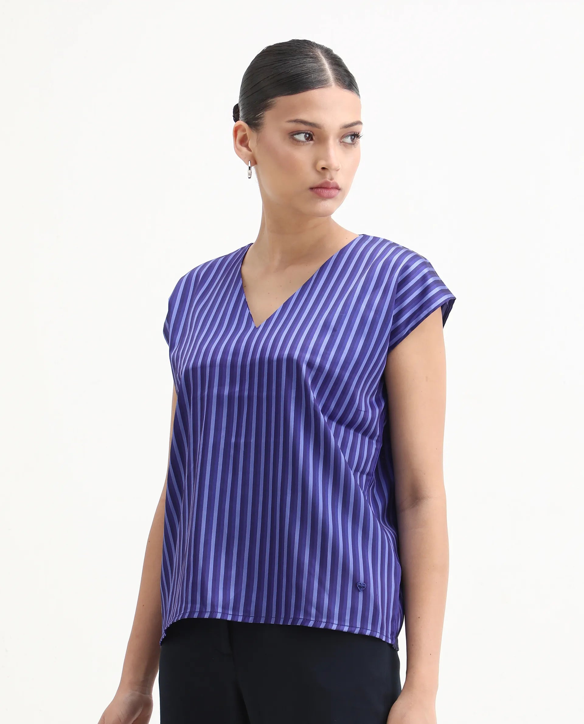 Rareism Women's Chinita Blue Satin V-Neck Striped Extended Sleeves Boxy Fit Top