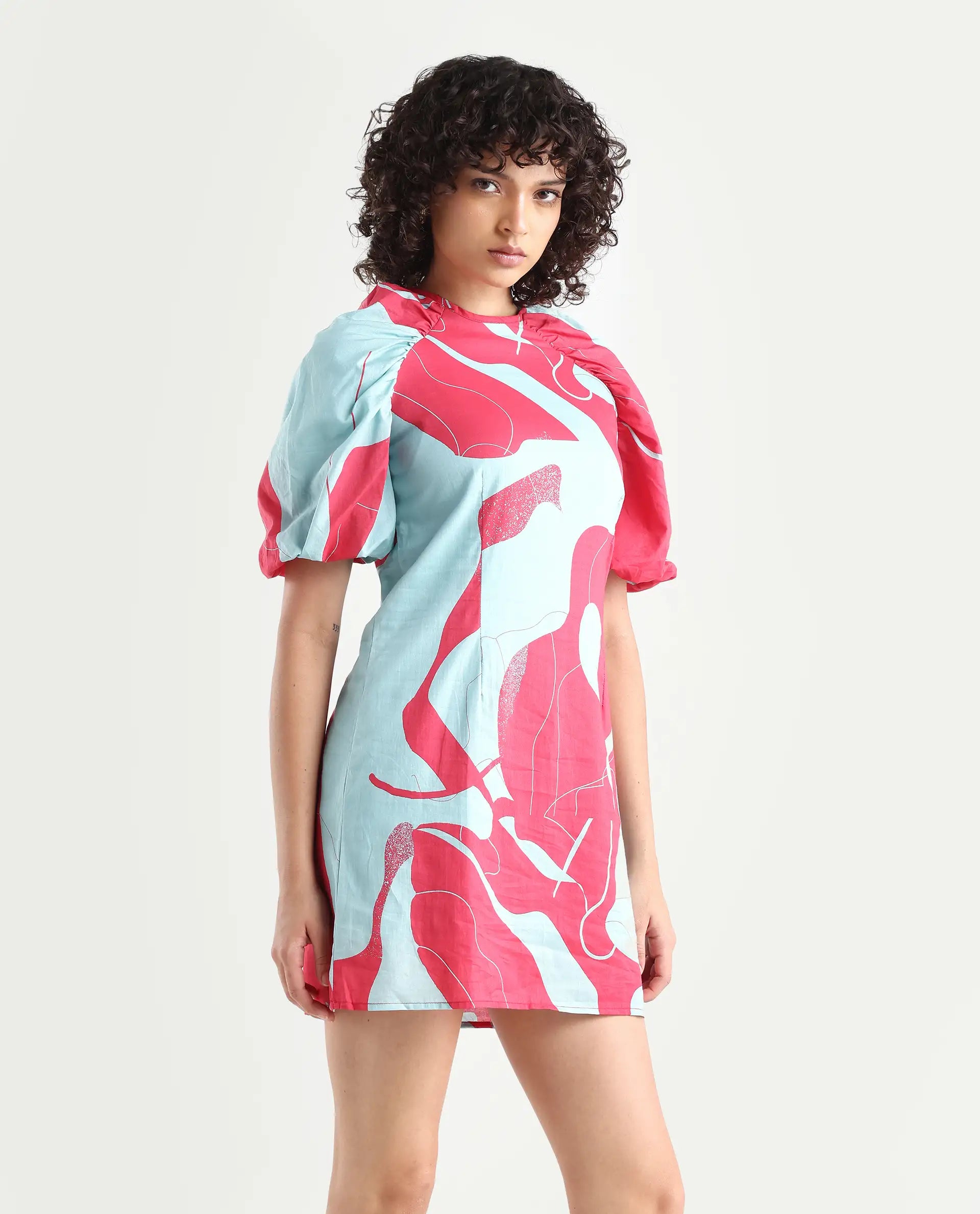 Rareism Women's Chloris Maroon Cotton Crew Neck Abstract Print Puff Sleeves Knee Length Tailored Dress