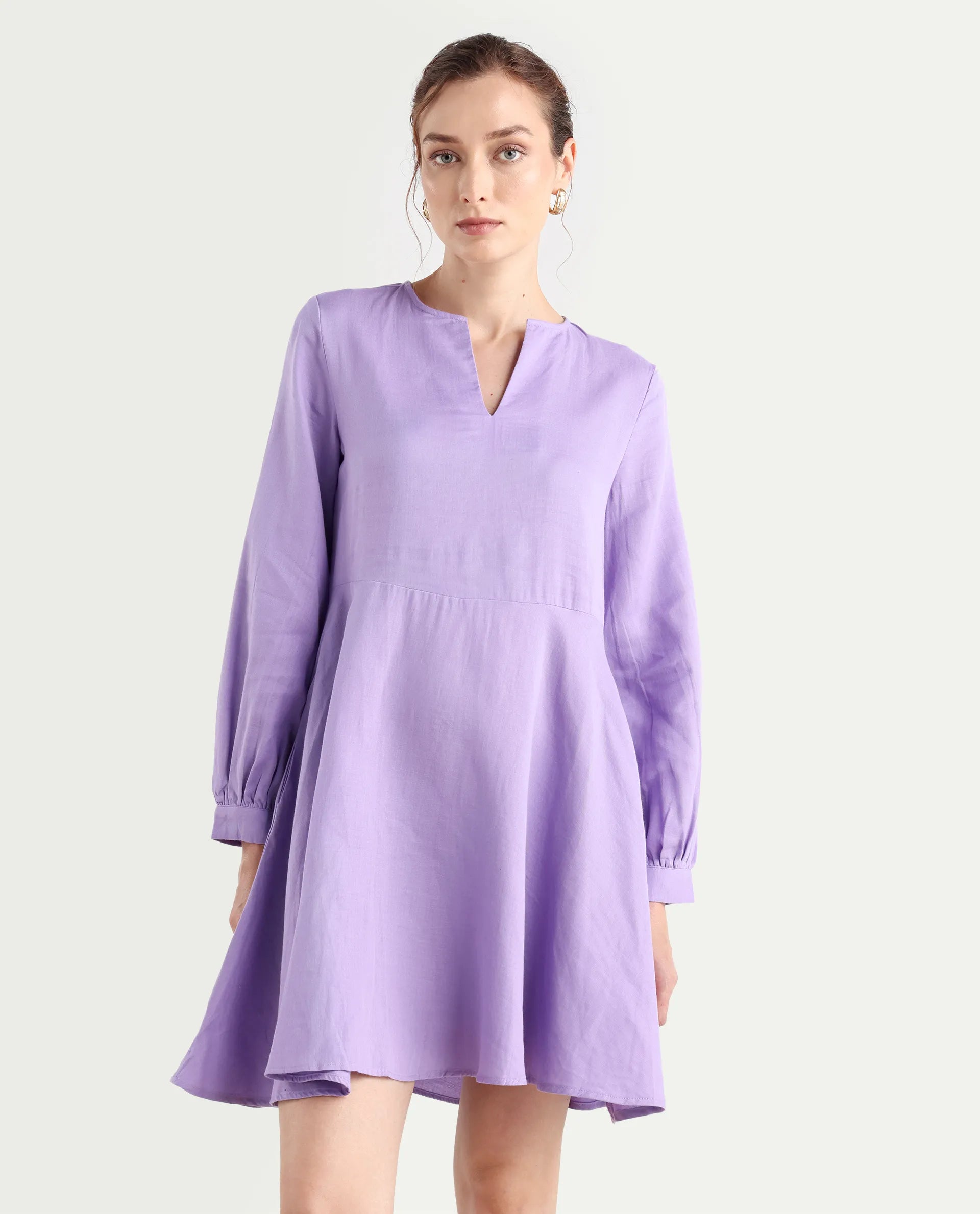 Rareism Women's Choho Pastel Purple Cotton V-Neck Plain Bishop Sleeve Mini Fit And Flare Dress