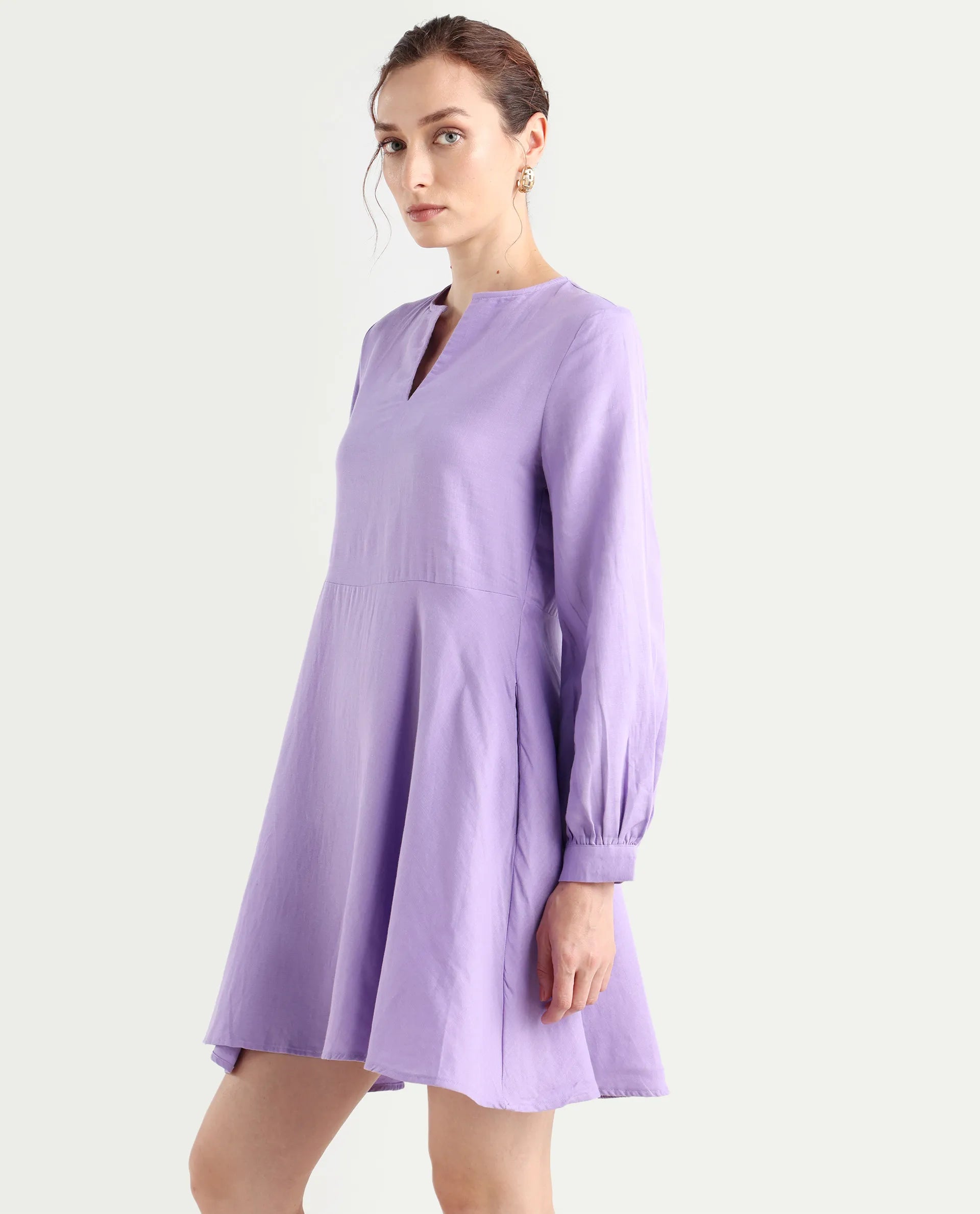 Rareism Women's Choho Pastel Purple Cotton V-Neck Plain Bishop Sleeve Mini Fit And Flare Dress