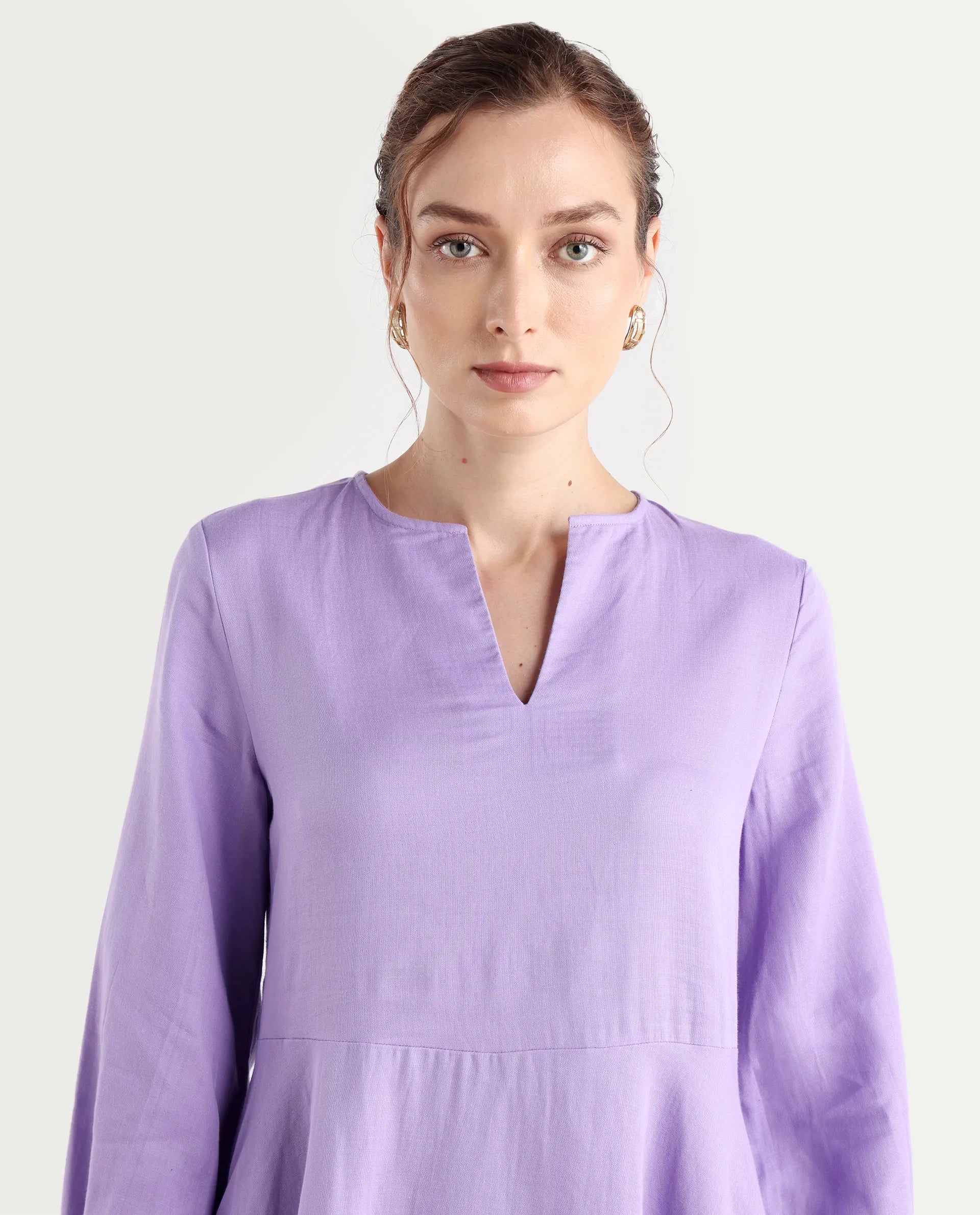 Rareism Women's Choho Pastel Purple Cotton V-Neck Plain Bishop Sleeve Mini Fit And Flare Dress