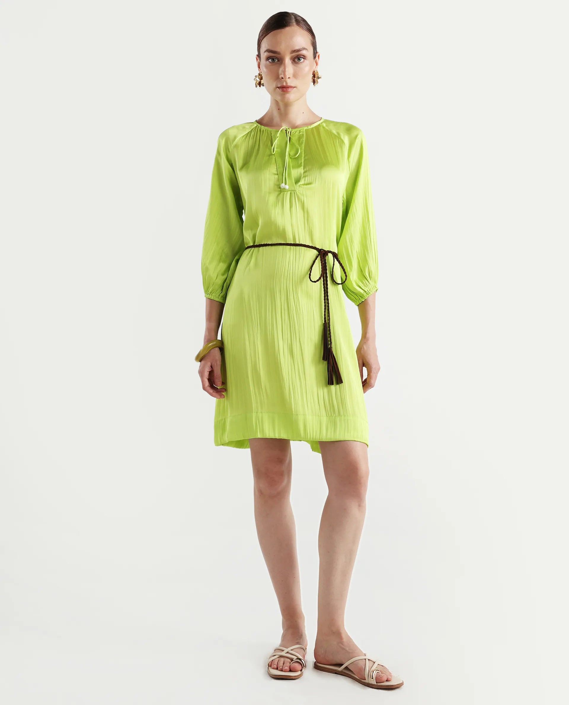Rareism Women's Choji Light Green Polyester Tie-Up Neck Plain Raglan Sleeve Mini Relaxed Fit Dress