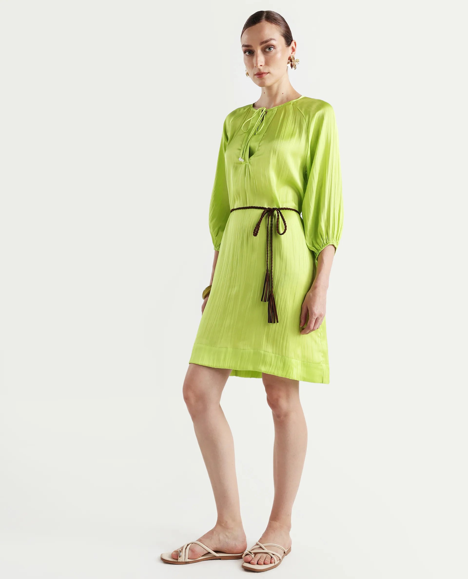 Rareism Women's Choji Light Green Polyester Tie-Up Neck Plain Raglan Sleeve Mini Relaxed Fit Dress