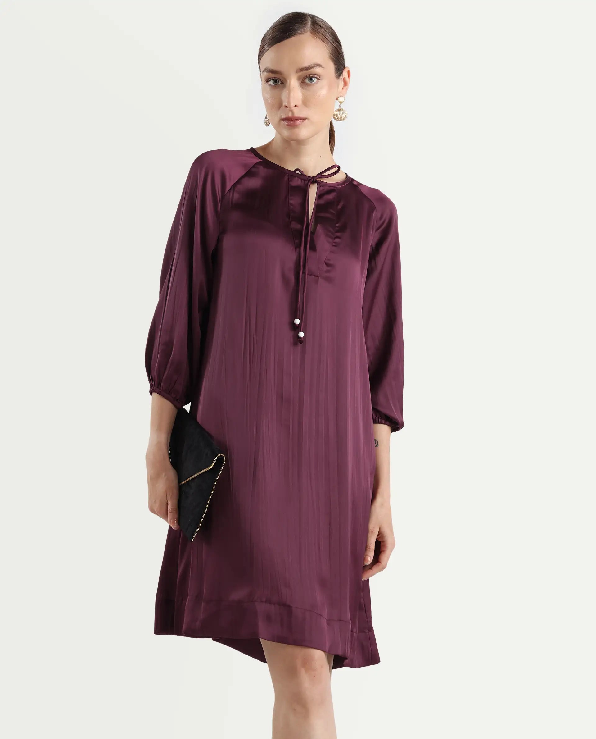 Rareism Women's Choki Dark Purple Polyester Tie-Up Neck Plain Raglan Sleeve Mini Relaxed Fit Dress