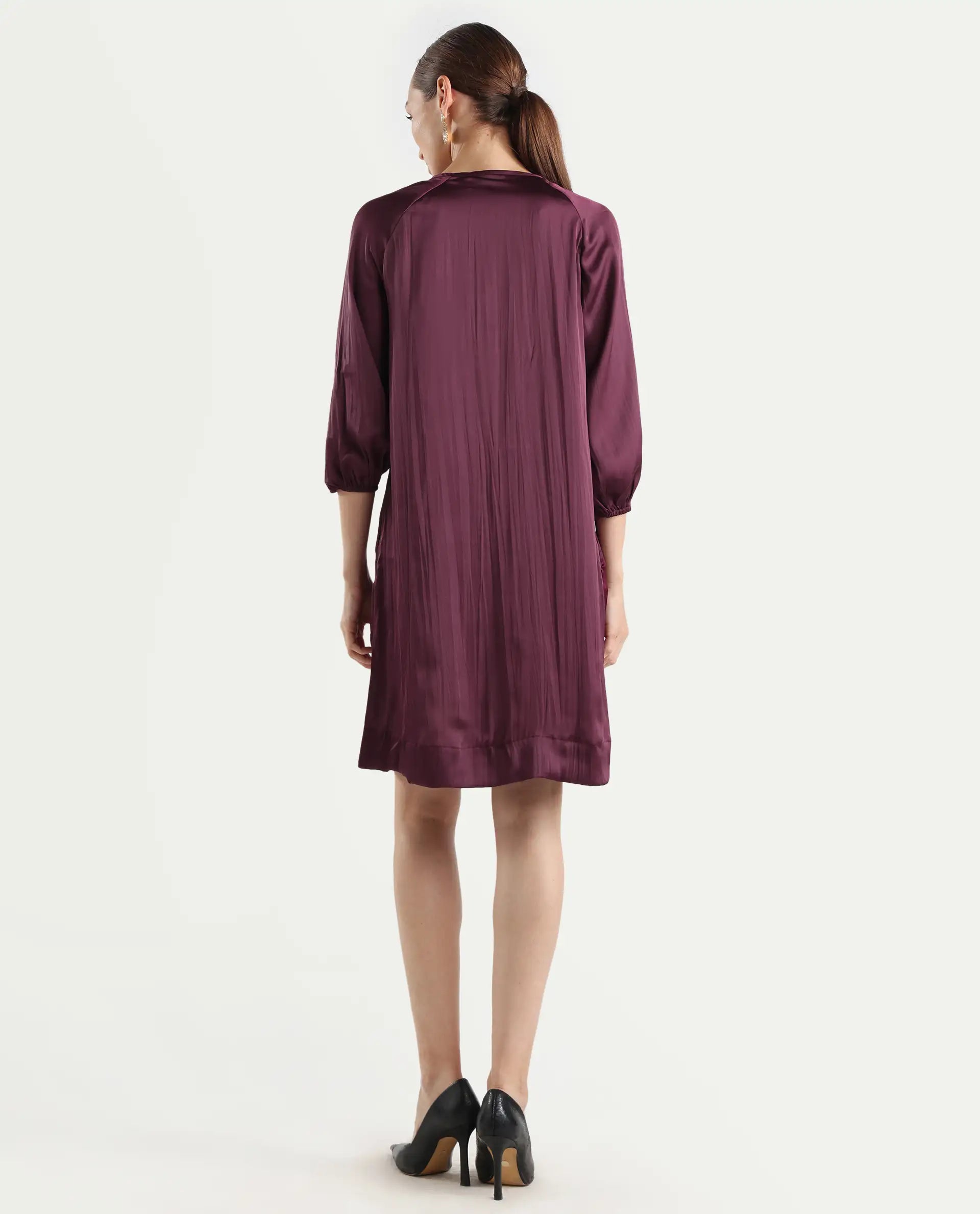 Rareism Women's Choki Dark Purple Polyester Tie-Up Neck Plain Raglan Sleeve Mini Relaxed Fit Dress