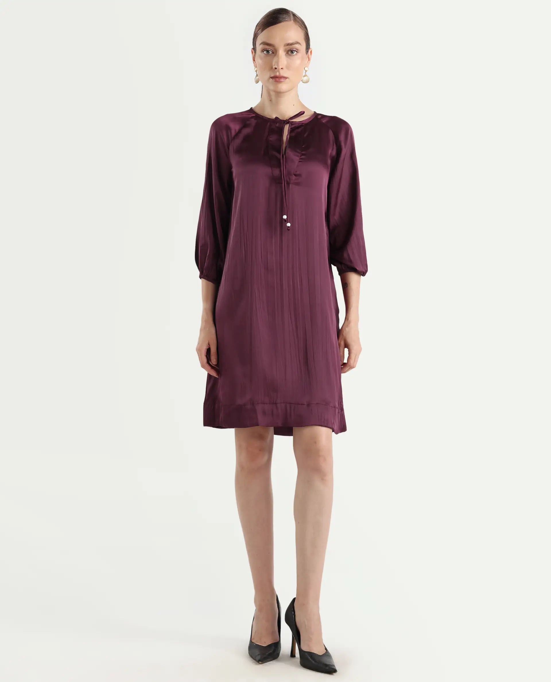 Rareism Women's Choki Dark Purple Polyester Tie-Up Neck Plain Raglan Sleeve Mini Relaxed Fit Dress