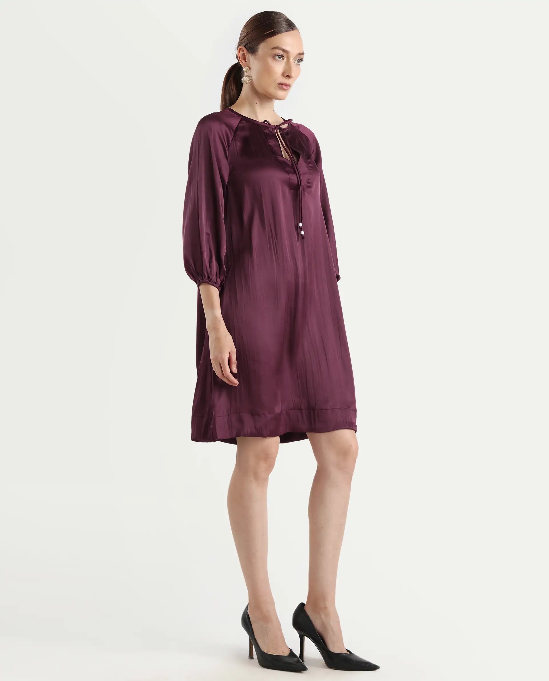 Rareism Women's Choki Dark Purple Polyester Tie-Up Neck Plain Raglan Sleeve Mini Relaxed Fit Dress