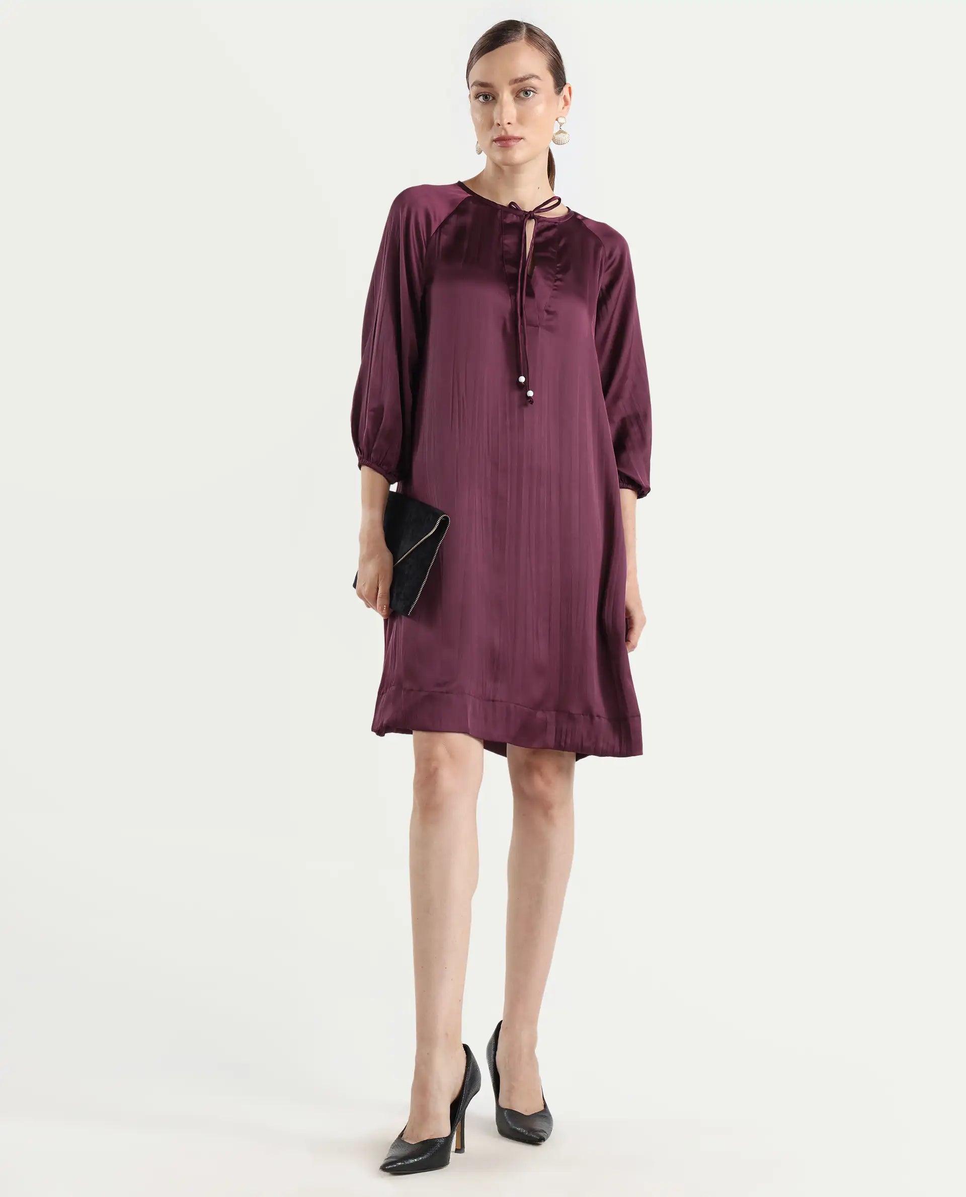 Rareism Women's Choki Dark Purple Polyester Tie-Up Neck Plain Raglan Sleeve Mini Relaxed Fit Dress