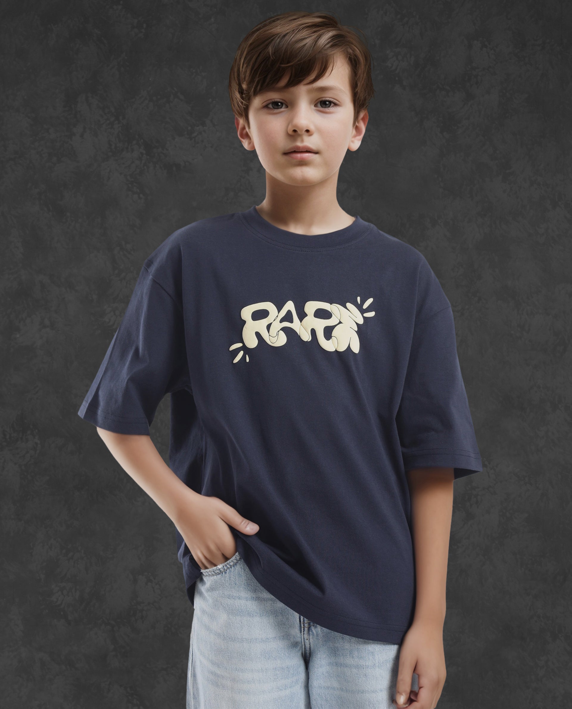 Rare Ones Kids Chris Navy Cotton Half Sleeves Crew Neck Oversized Fit Graphic Print T-Shirt