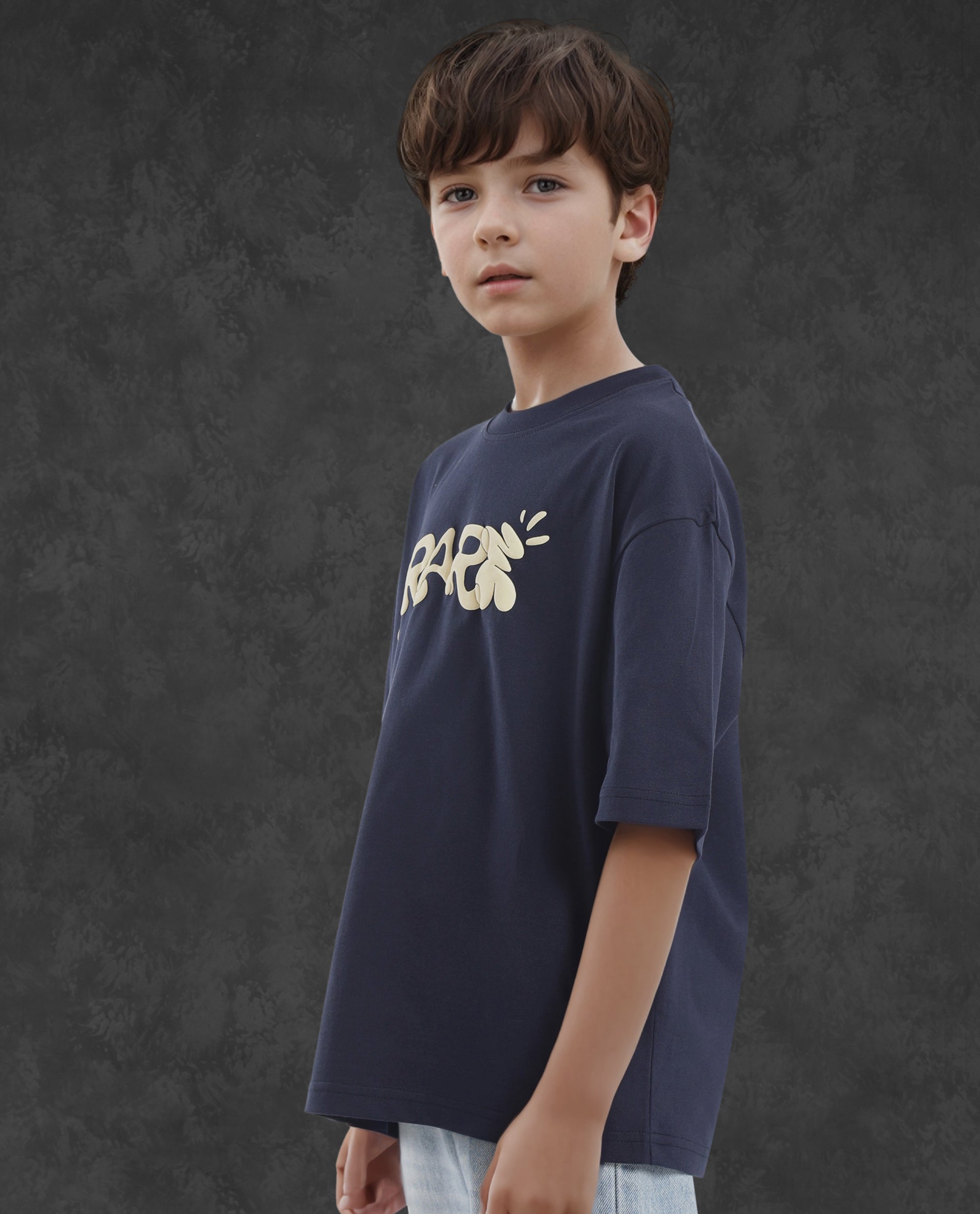 Rare Ones Kids Chris Navy Cotton Half Sleeves Crew Neck Oversized Fit Graphic Print T-Shirt