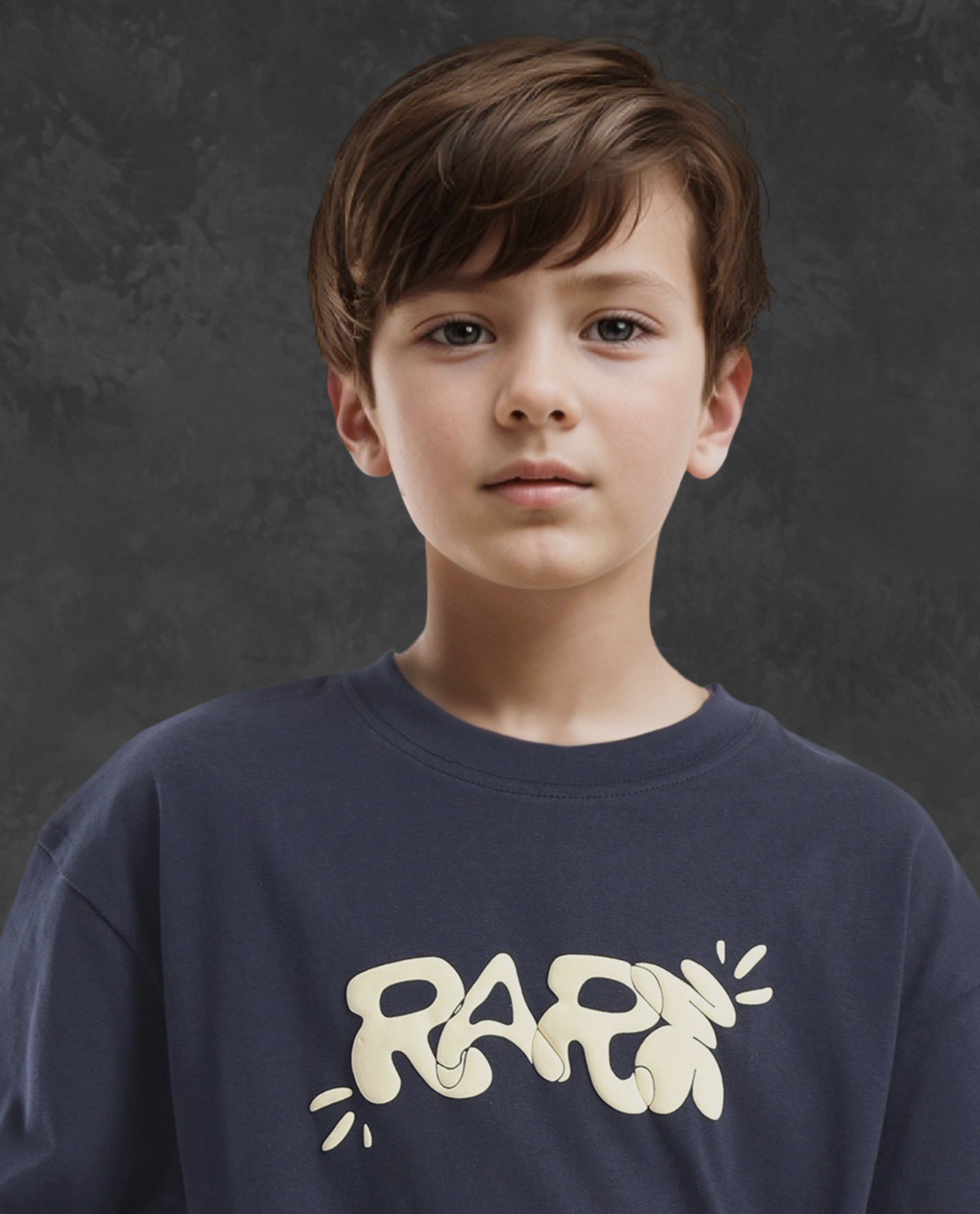 Rare Ones Kids Chris Navy Cotton Half Sleeves Crew Neck Oversized Fit Graphic Print T-Shirt