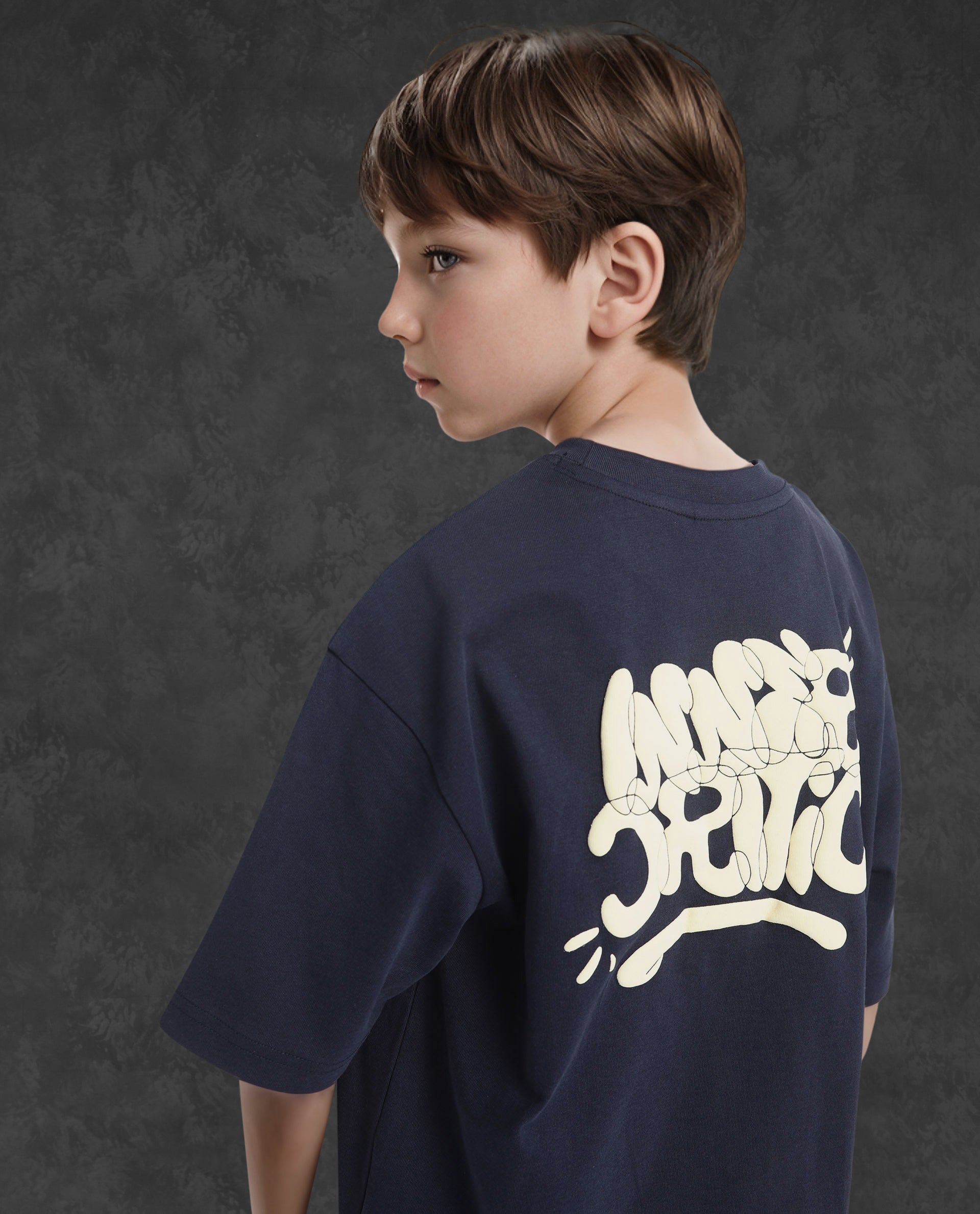 Rare Ones Kids Chris Navy Cotton Half Sleeves Crew Neck Oversized Fit Graphic Print T-Shirt