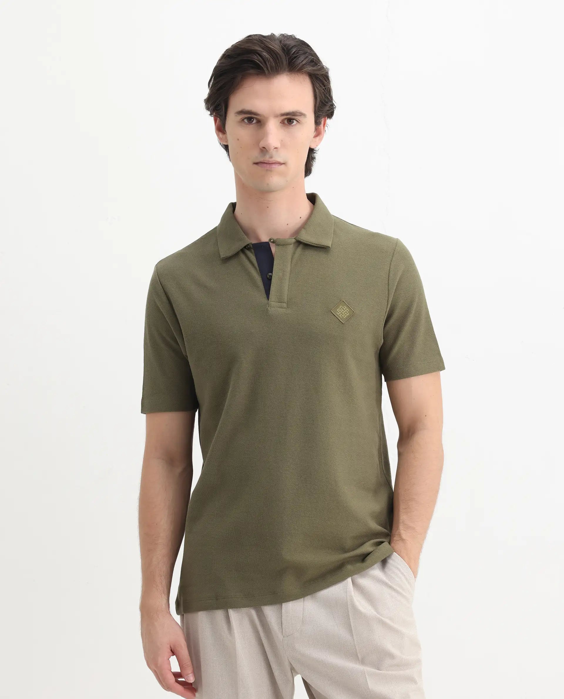 Rare Rabbit Men's Charles Olive Cotton Plain Regular Fit Half Sleeve Polo