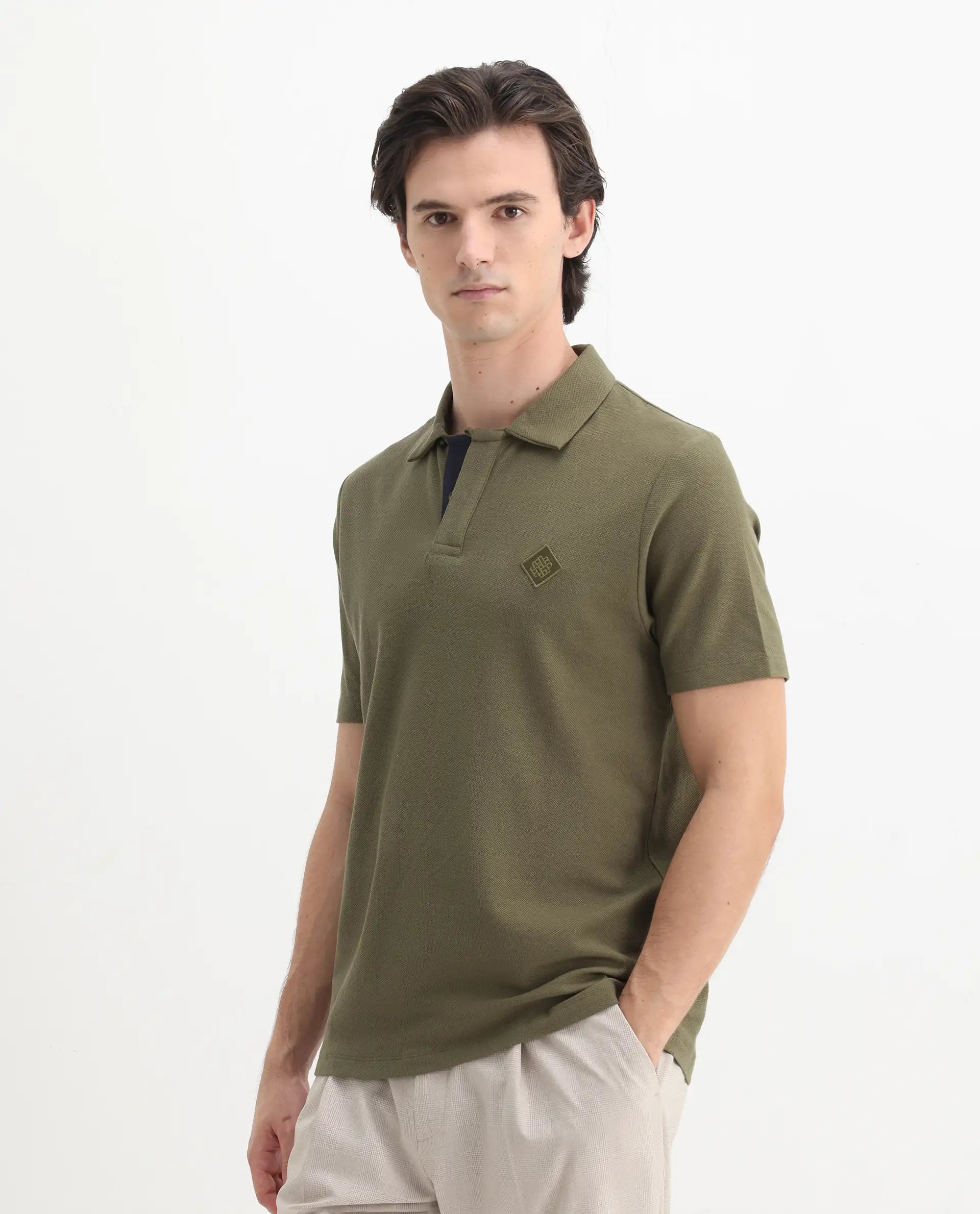 Rare Rabbit Men's Charles Olive Cotton Plain Regular Fit Half Sleeve Polo