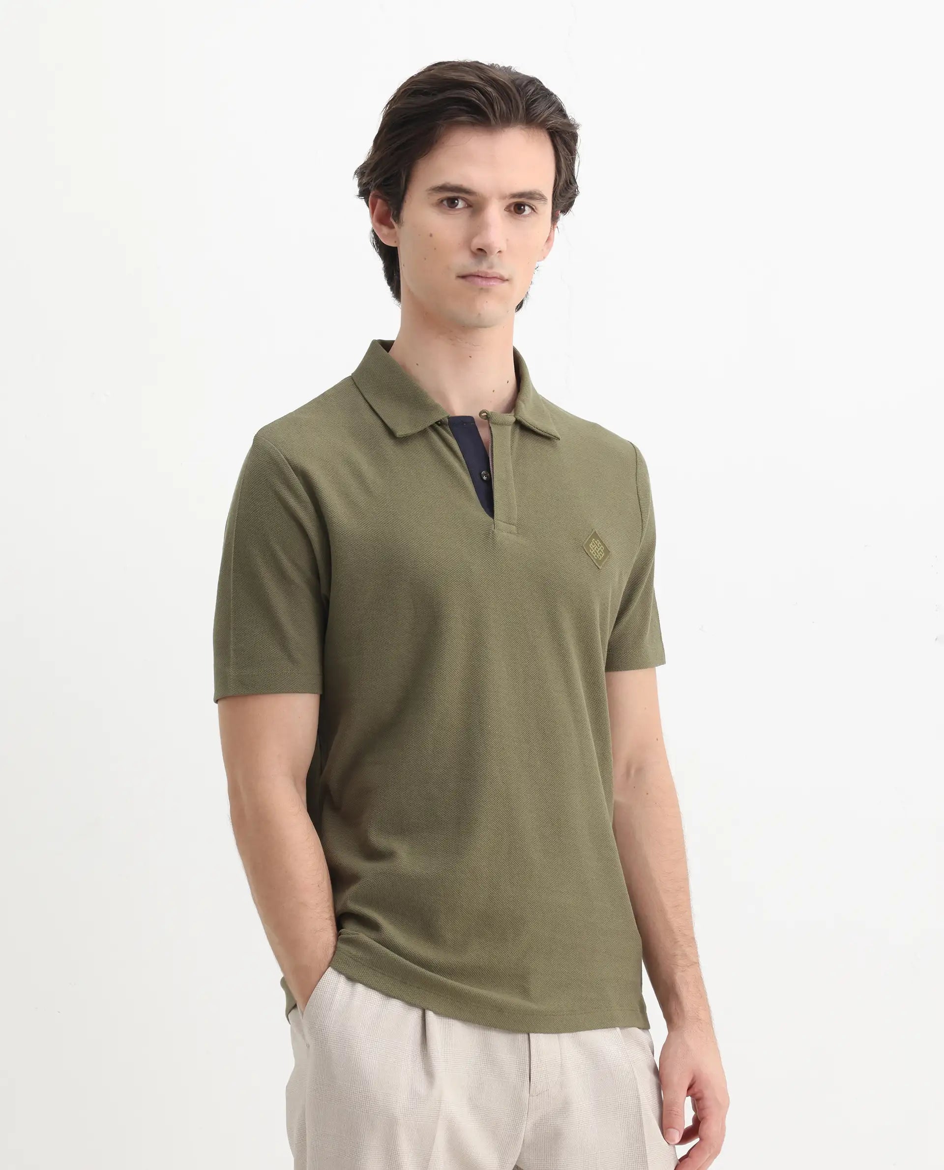 Rare Rabbit Men's Charles Olive Cotton Plain Regular Fit Half Sleeve Polo