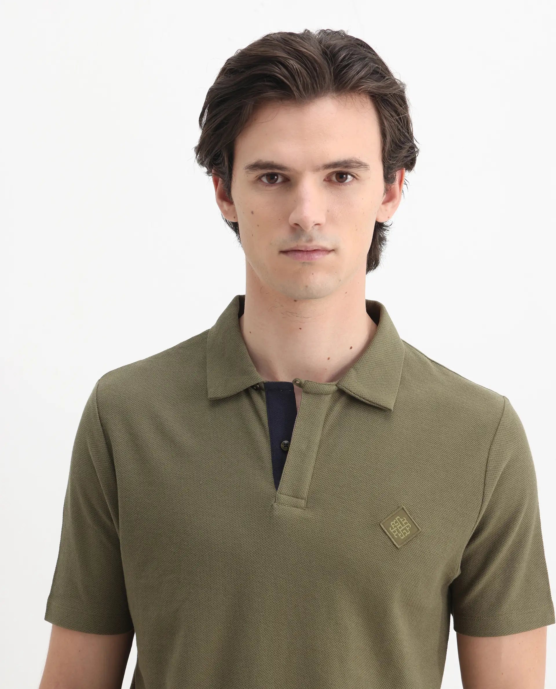 Rare Rabbit Men's Charles Olive Cotton Plain Regular Fit Half Sleeve Polo