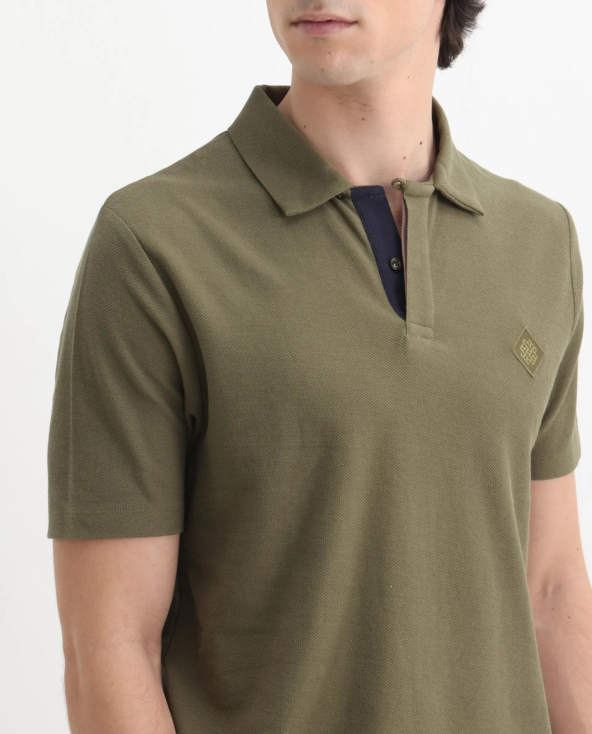 Rare Rabbit Men's Charles Olive Cotton Plain Regular Fit Half Sleeve Polo