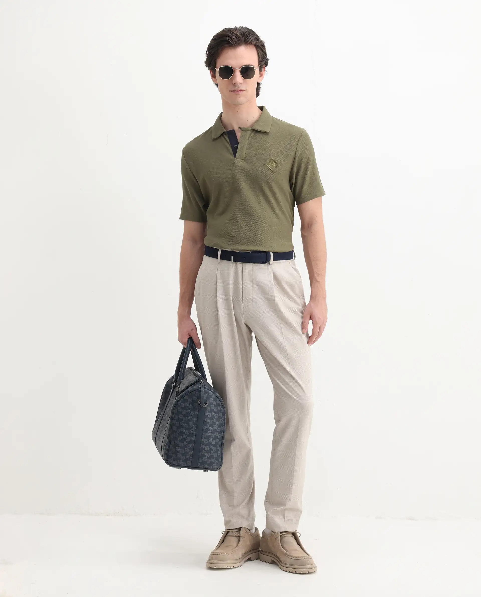 Rare Rabbit Men's Charles Olive Cotton Plain Regular Fit Half Sleeve Polo