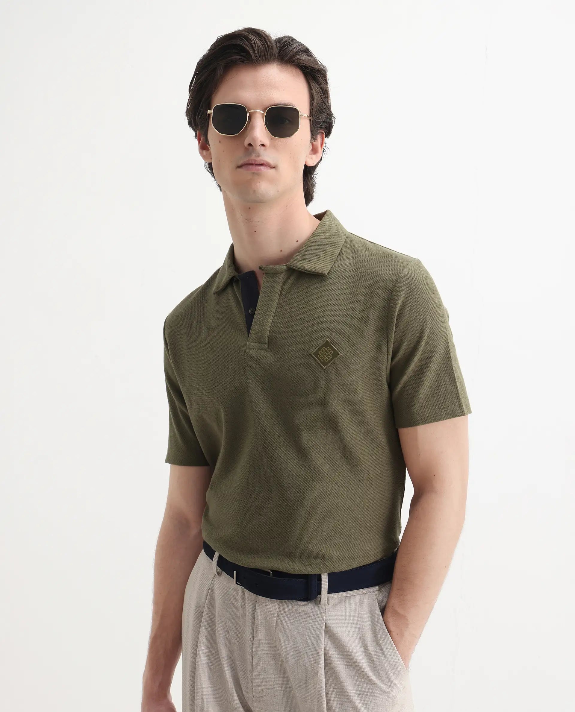 Rare Rabbit Men's Charles Olive Cotton Plain Regular Fit Half Sleeve Polo