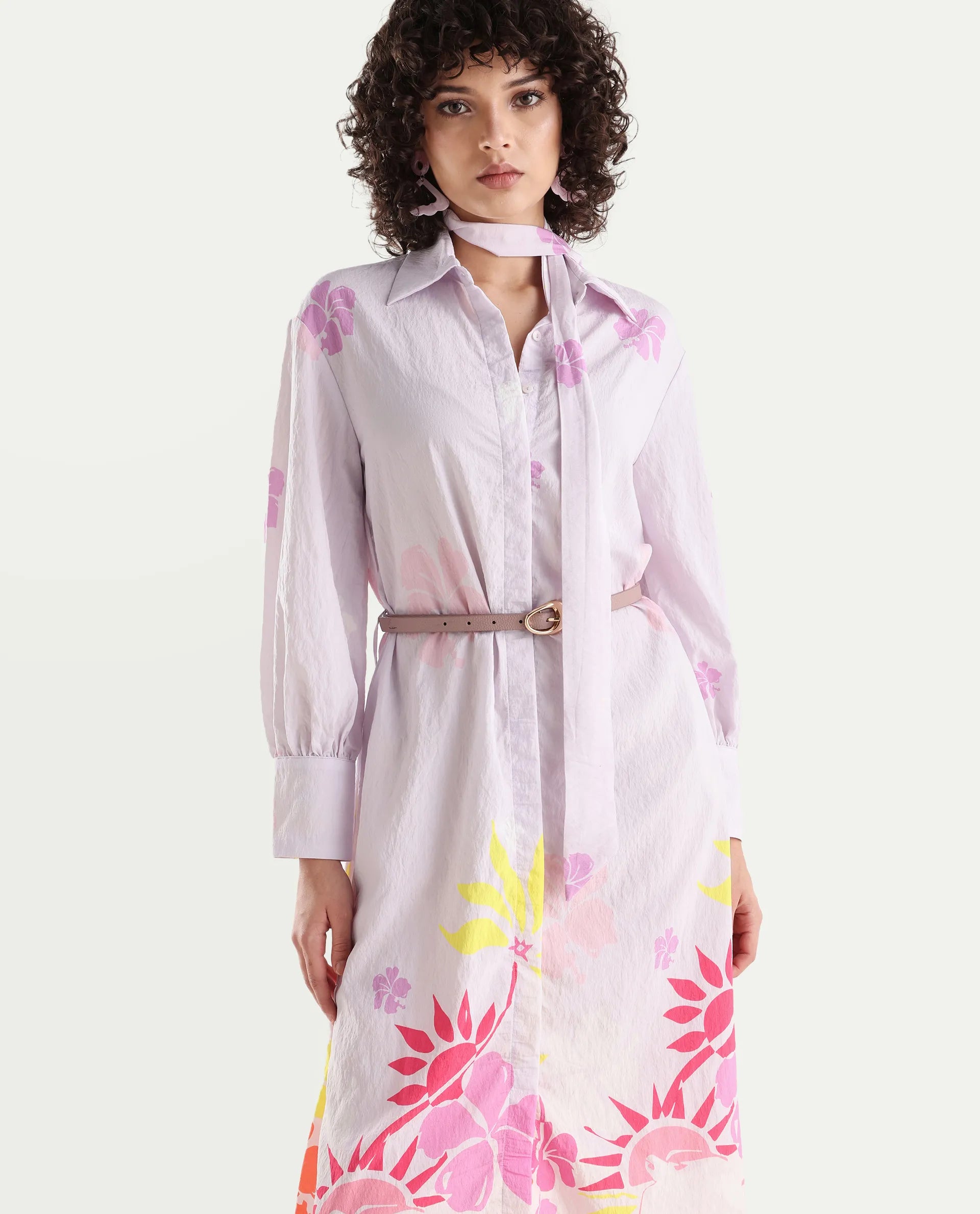 Rareism Women's Chunker Off White Rayon Drop Collar Floral Print Cuffed Sleeve Midi A-Line Dress