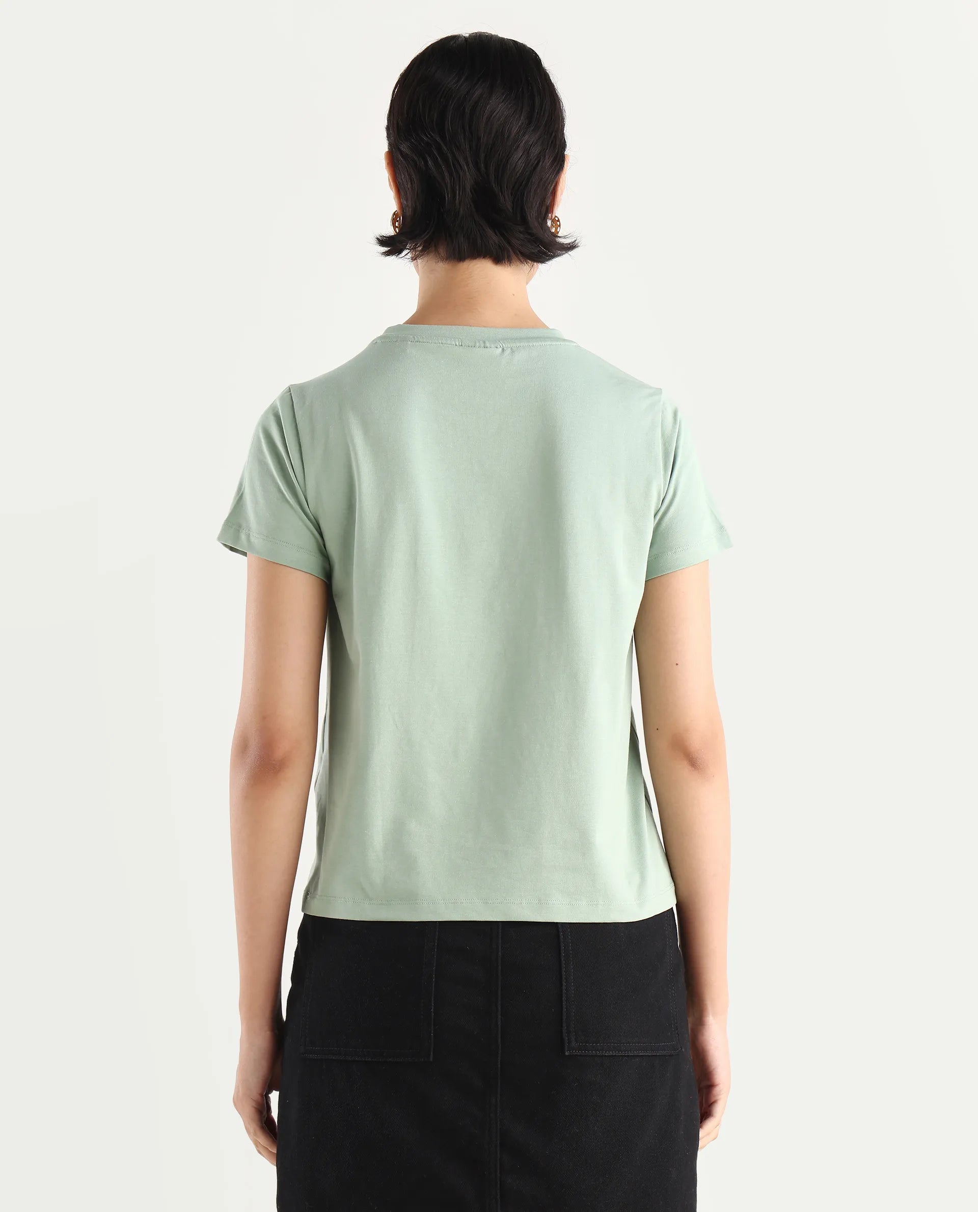 Rareism Women's Ciara Green Cotton Blend Crew Neck Graphic Print Regular Fit T-Shirt