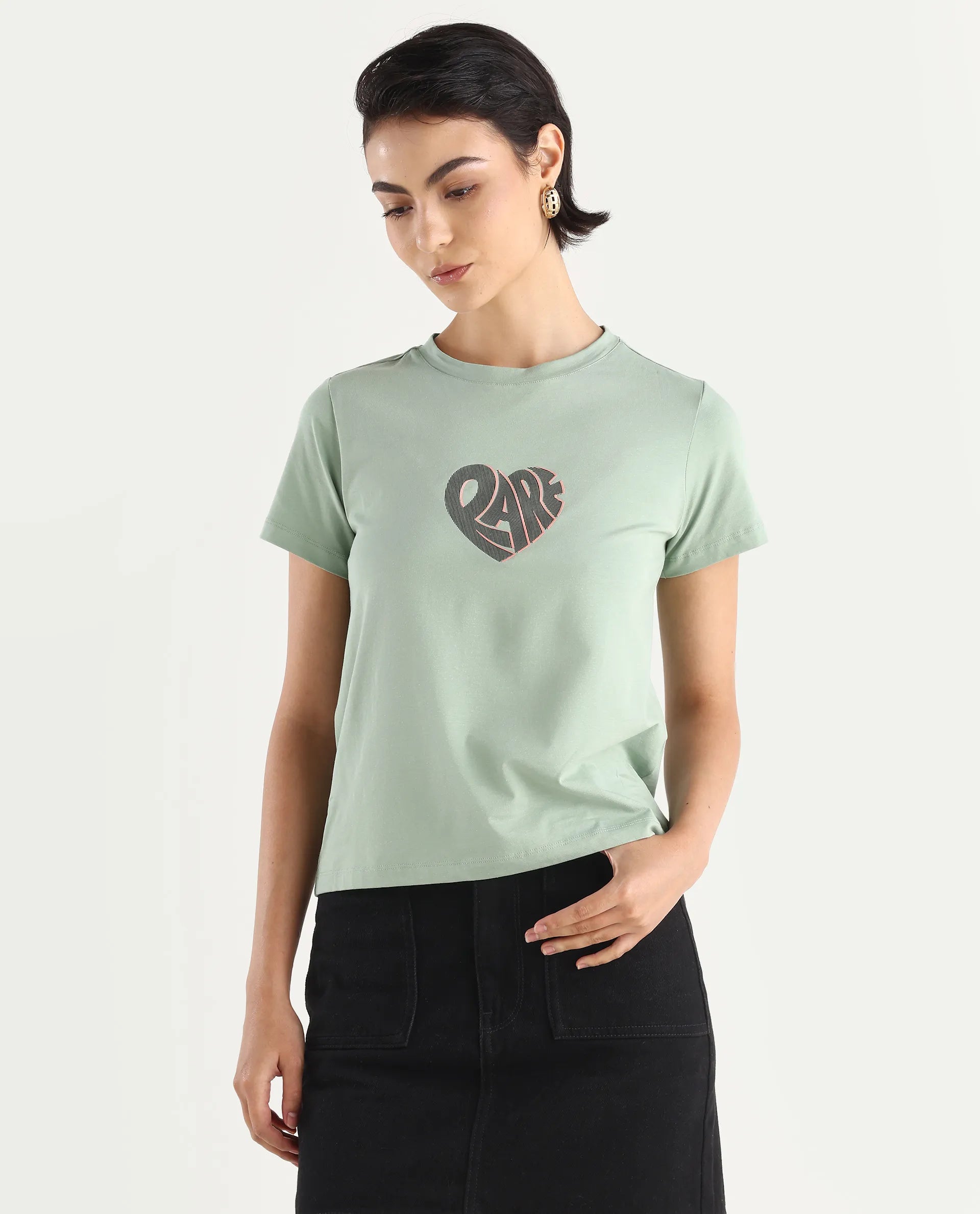 Rareism Women's Ciara Green Cotton Blend Crew Neck Graphic Print Regular Fit T-Shirt