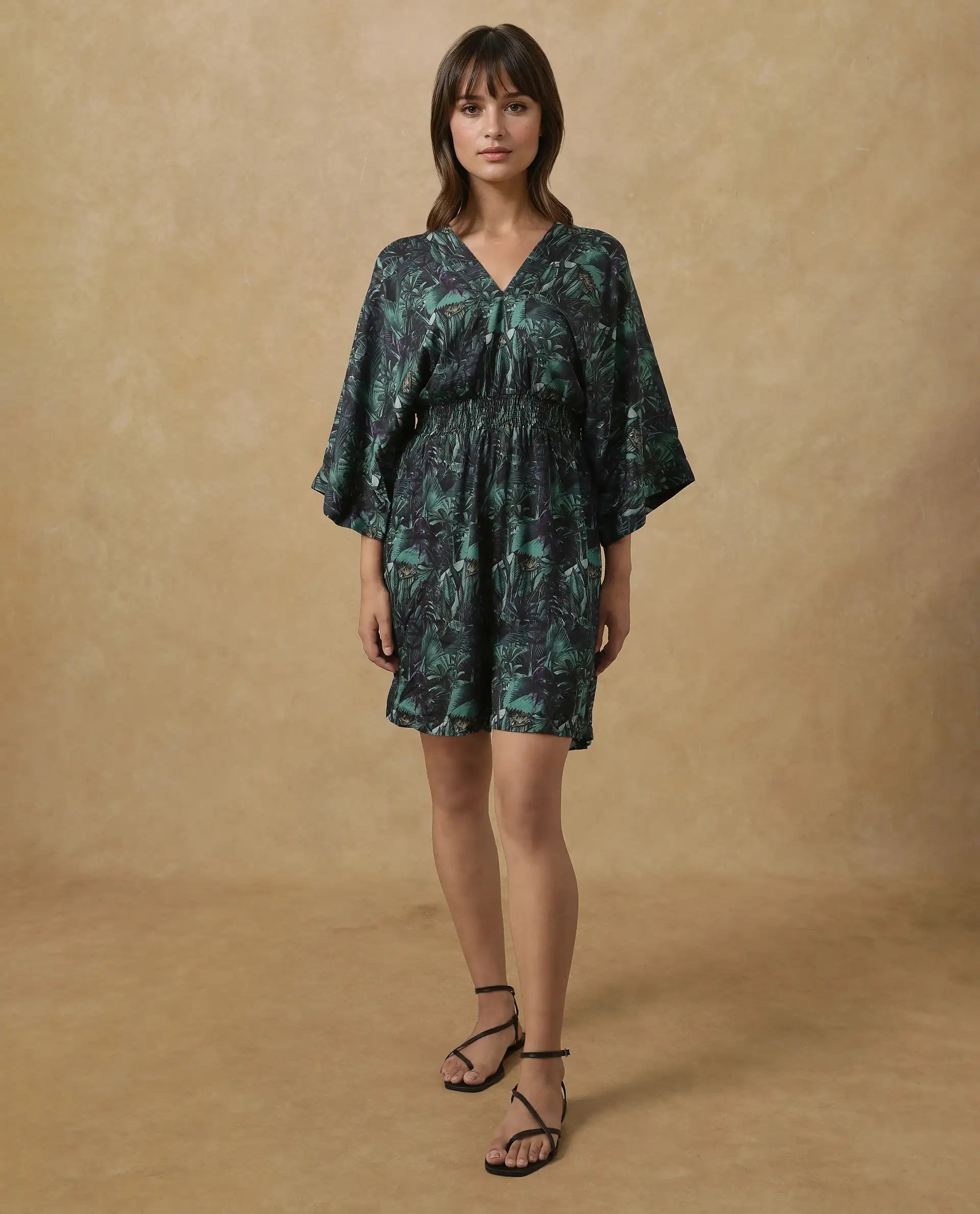 Rareism Women's Cimbo Dark Multi Cotton Blend V-Neck Tropical Print Extended Sleeves Mini Relaxed Fit Playsuit