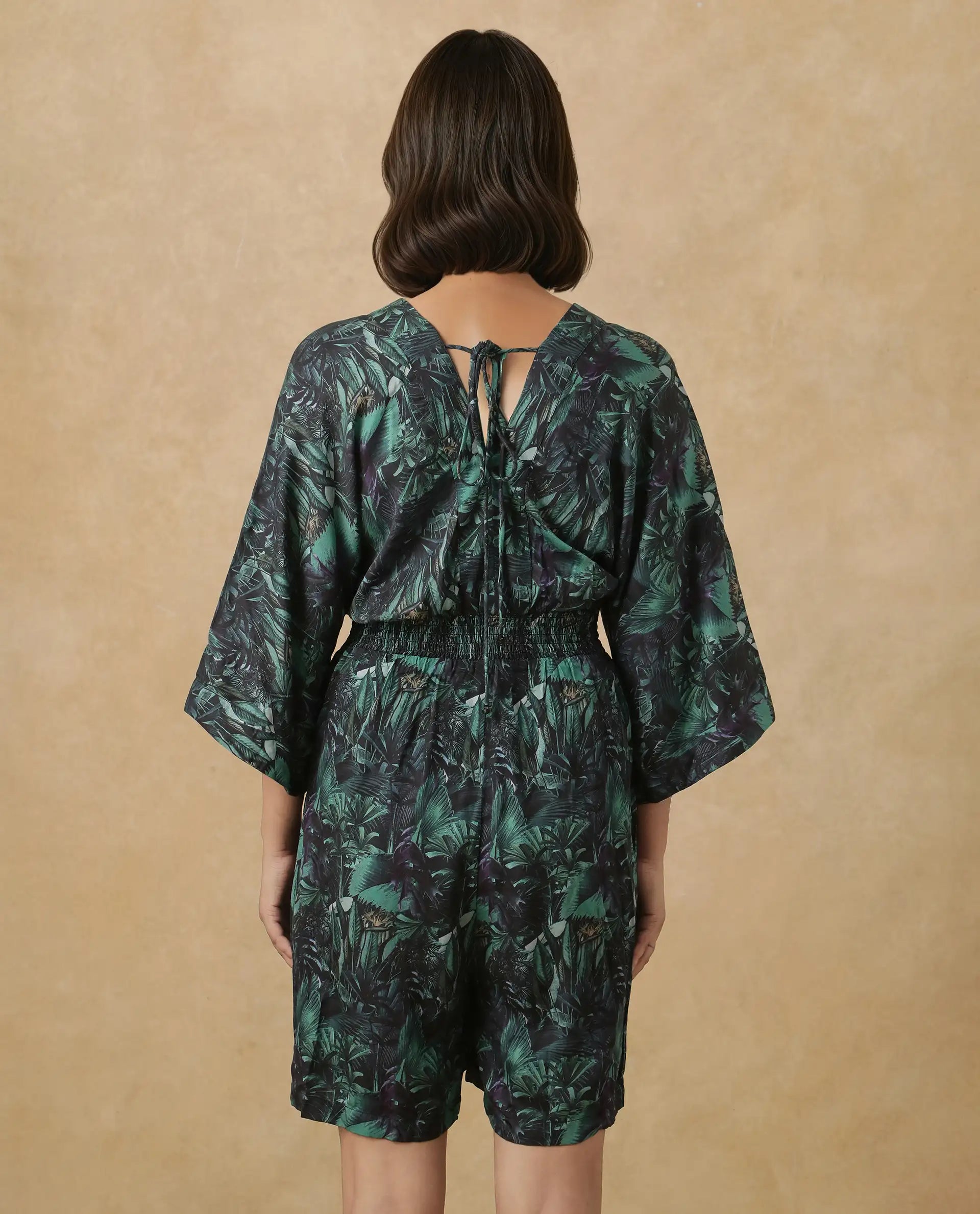 Rareism Women's Cimbo Dark Multi Cotton Blend V-Neck Tropical Print Extended Sleeves Mini Relaxed Fit Playsuit