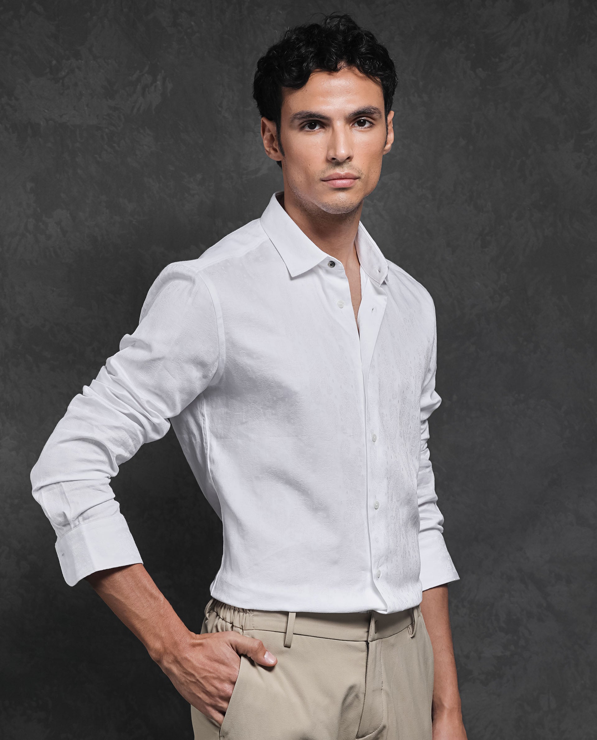 Rare Rabbit Men's Cina White Cotton Fabric Full Sleeves Jacquard Paisley Shirt