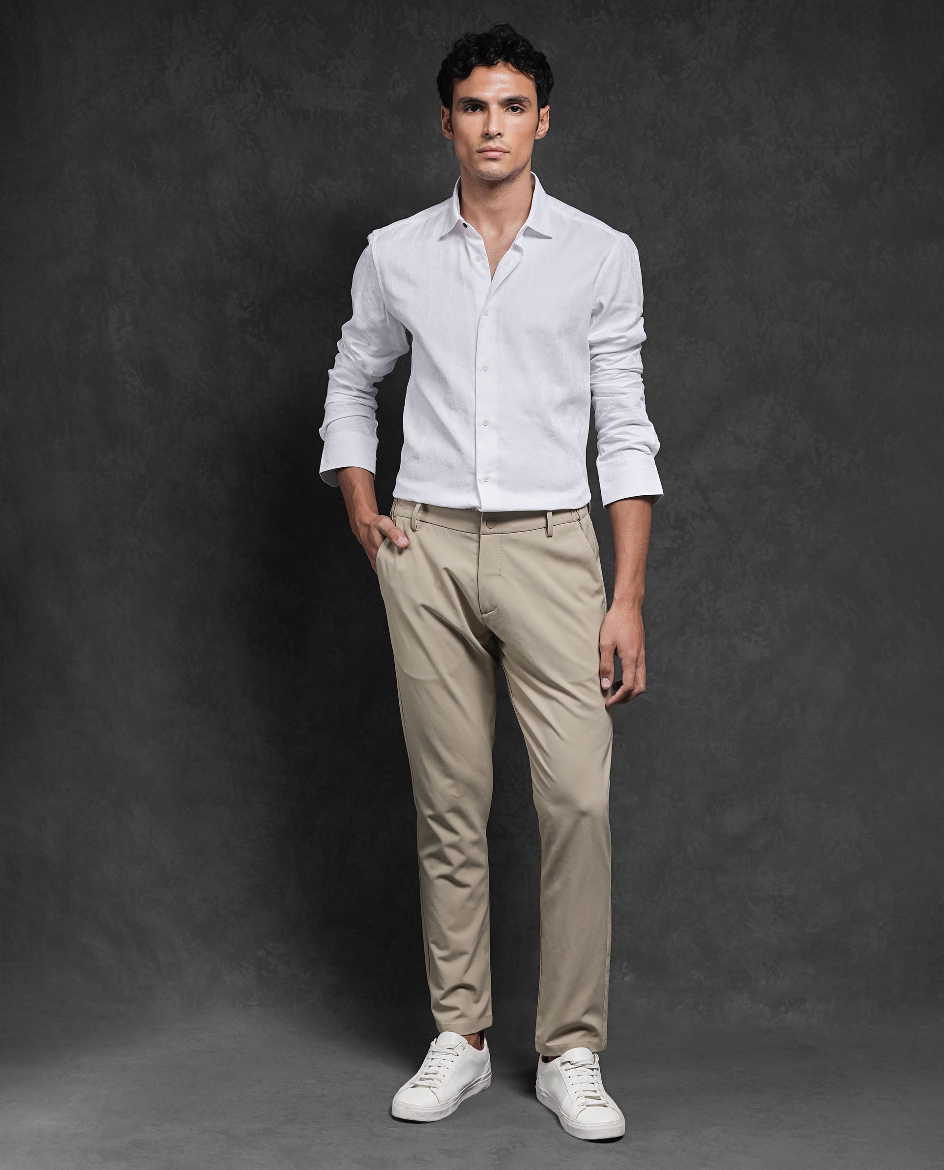 Rare Rabbit Men's Cina White Cotton Fabric Full Sleeves Jacquard Paisley Shirt