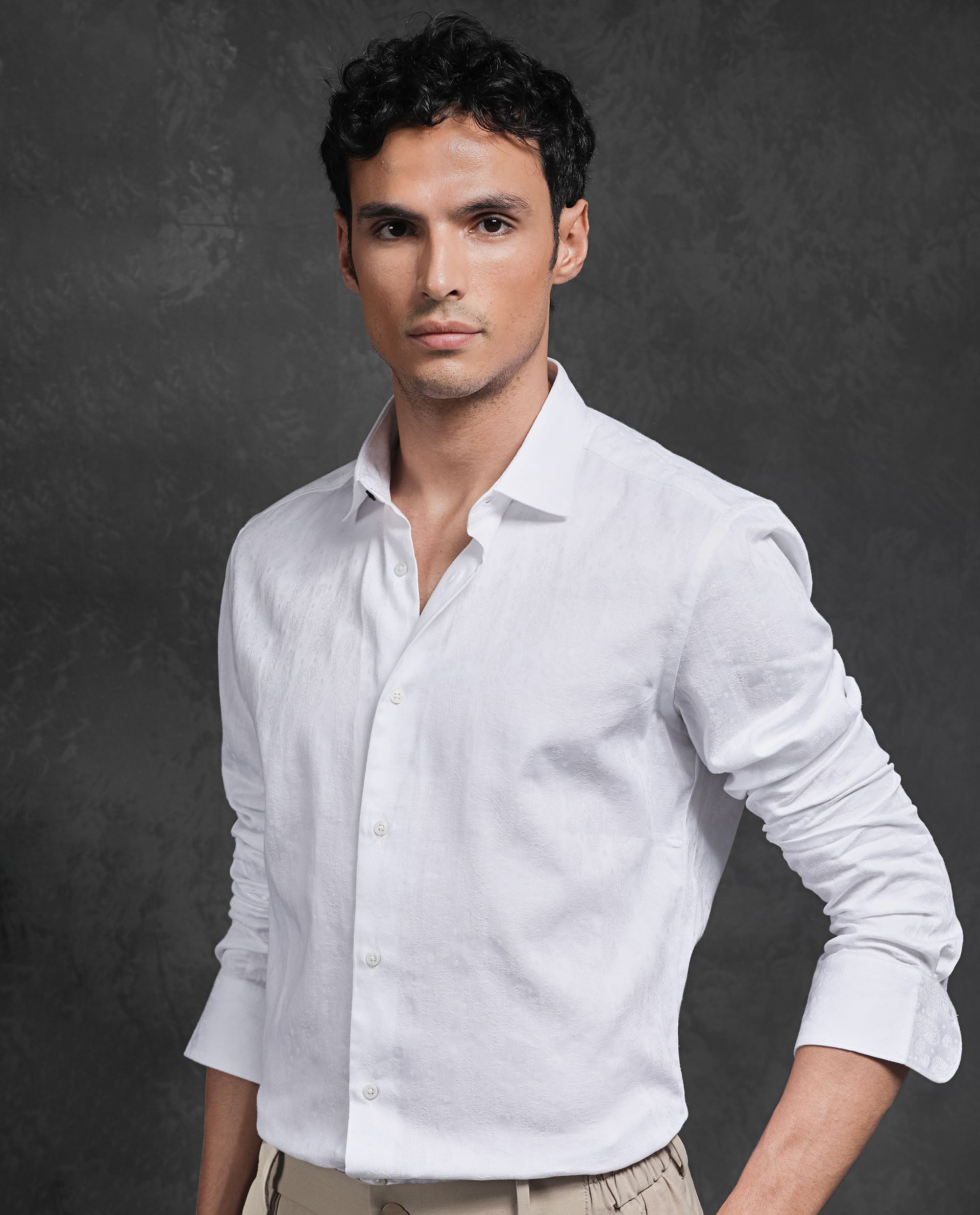 Rare Rabbit Men's Cina White Cotton Fabric Full Sleeves Jacquard Paisley Shirt