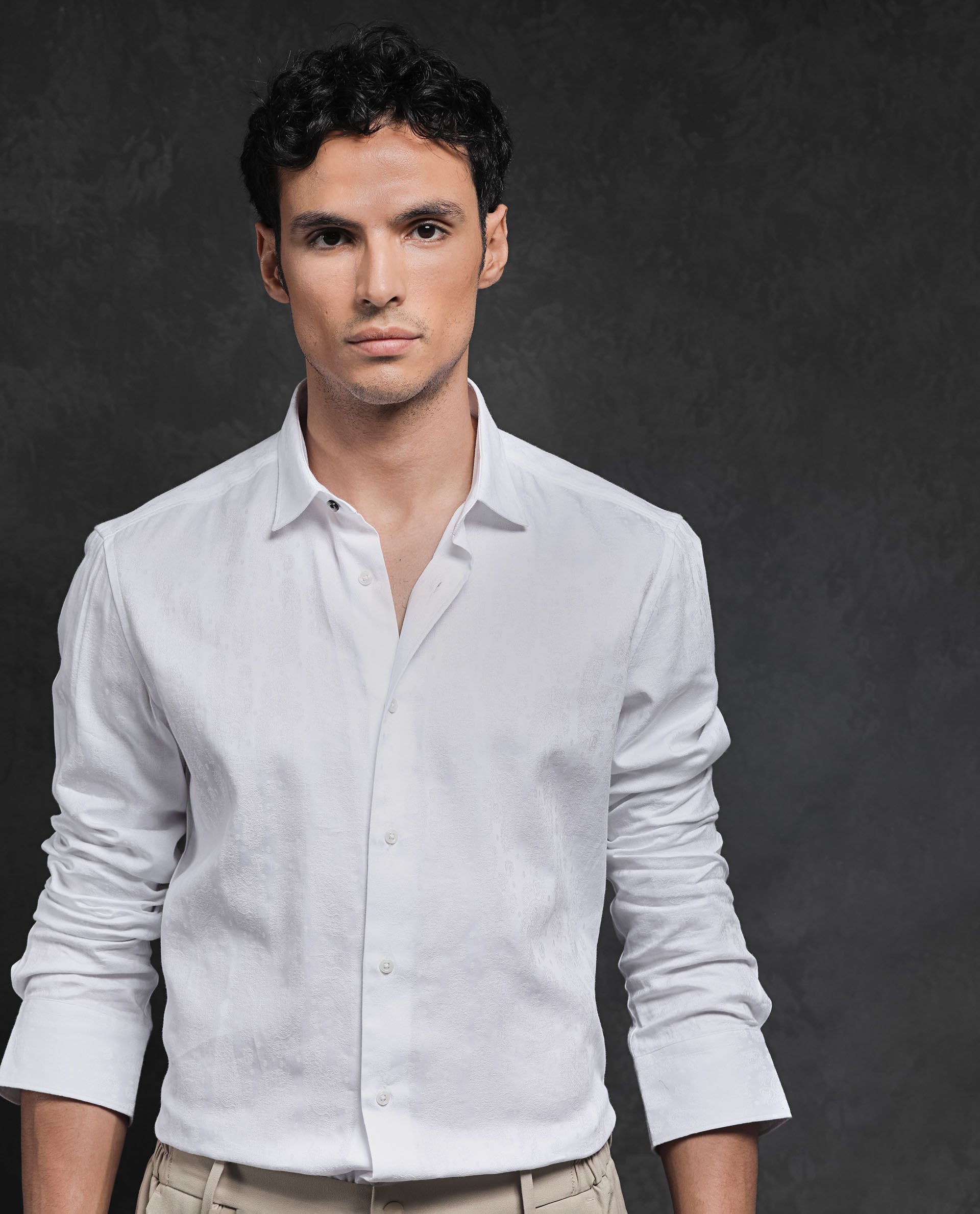 Rare Rabbit Men's Cina White Cotton Fabric Full Sleeves Jacquard Paisley Shirt