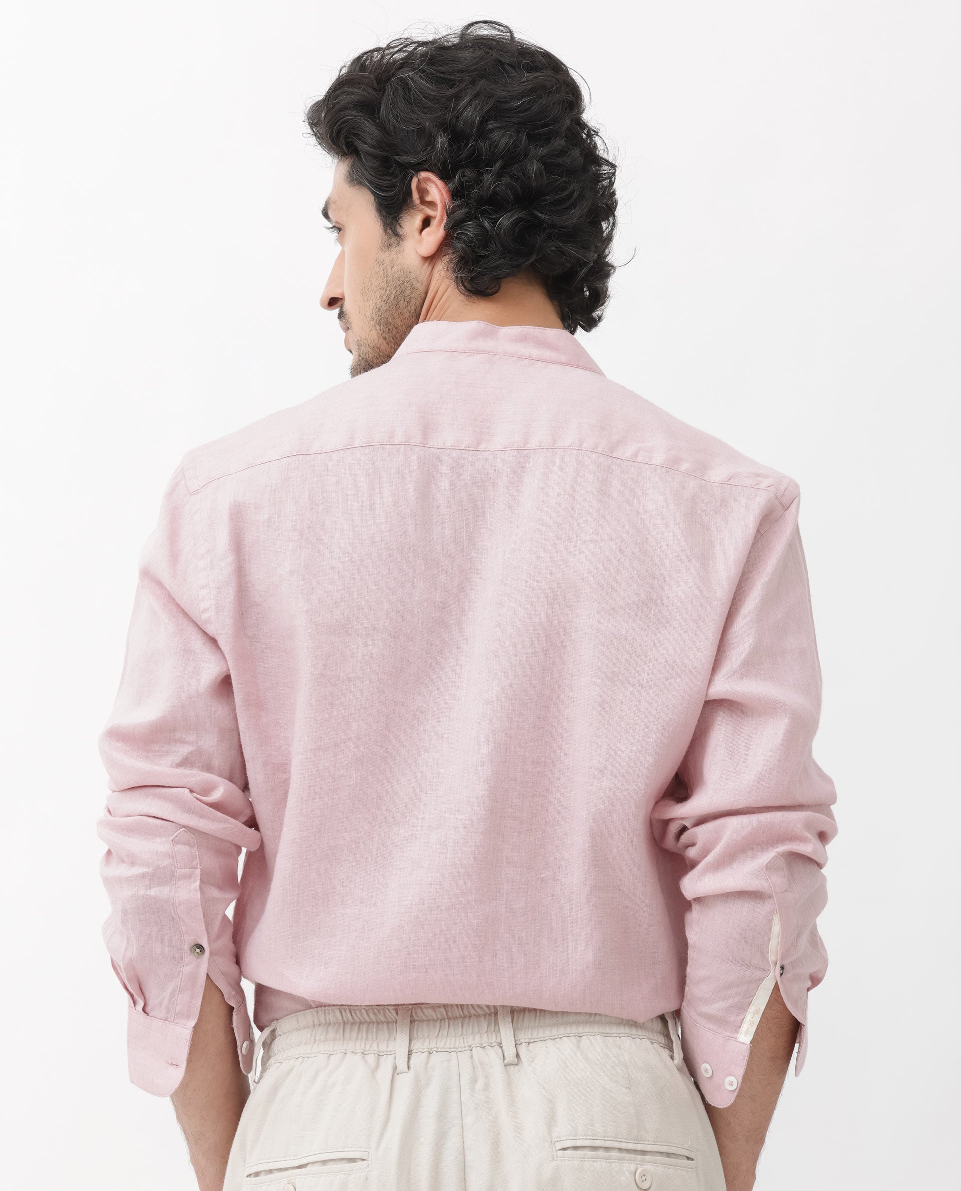 Rare Rabbit Men's Cinex Pastel Pink Full Sleeve Mandarin Collar Solid Linen Shirt