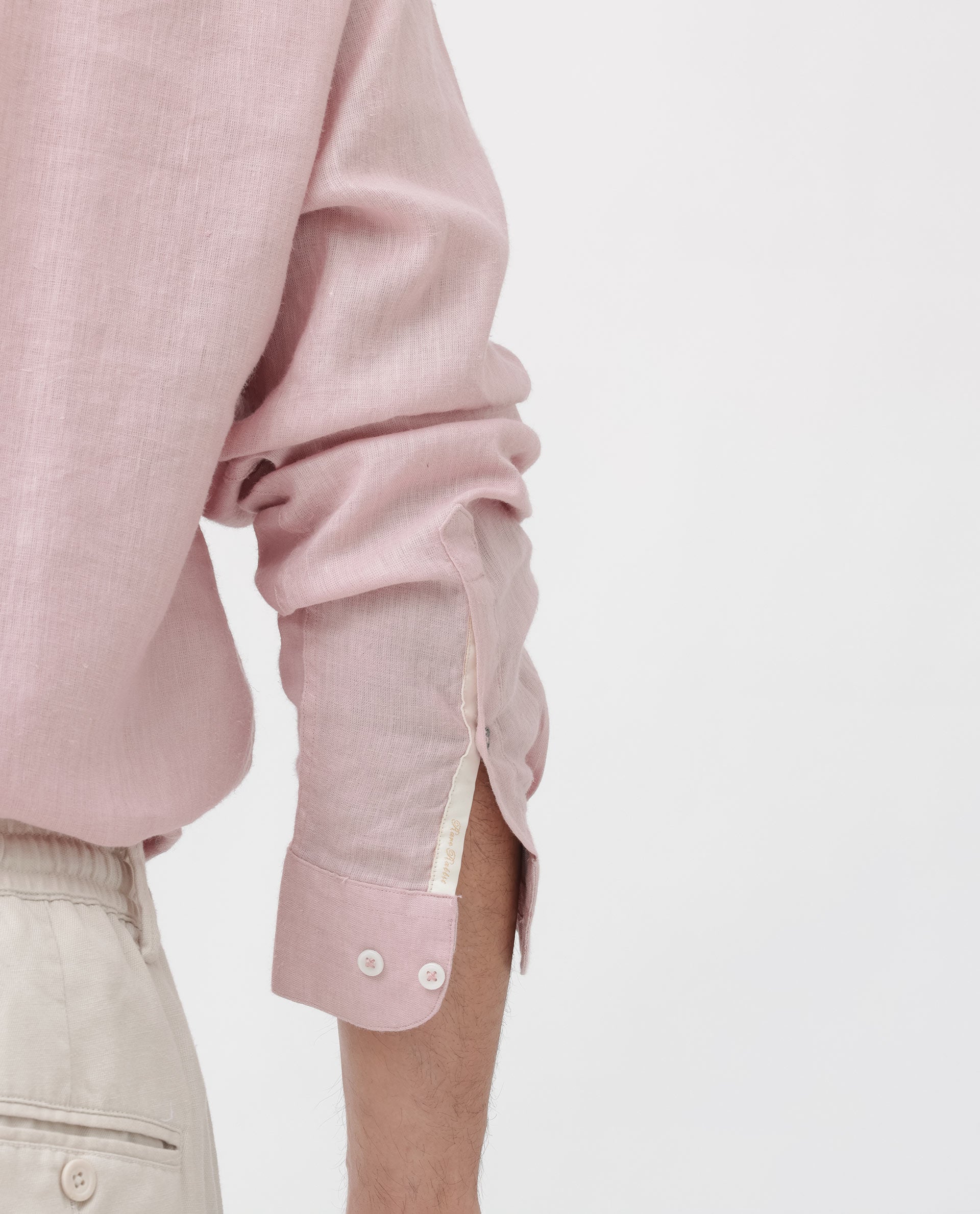 Rare Rabbit Men's Cinex Pastel Pink Full Sleeve Mandarin Collar Solid Linen Shirt