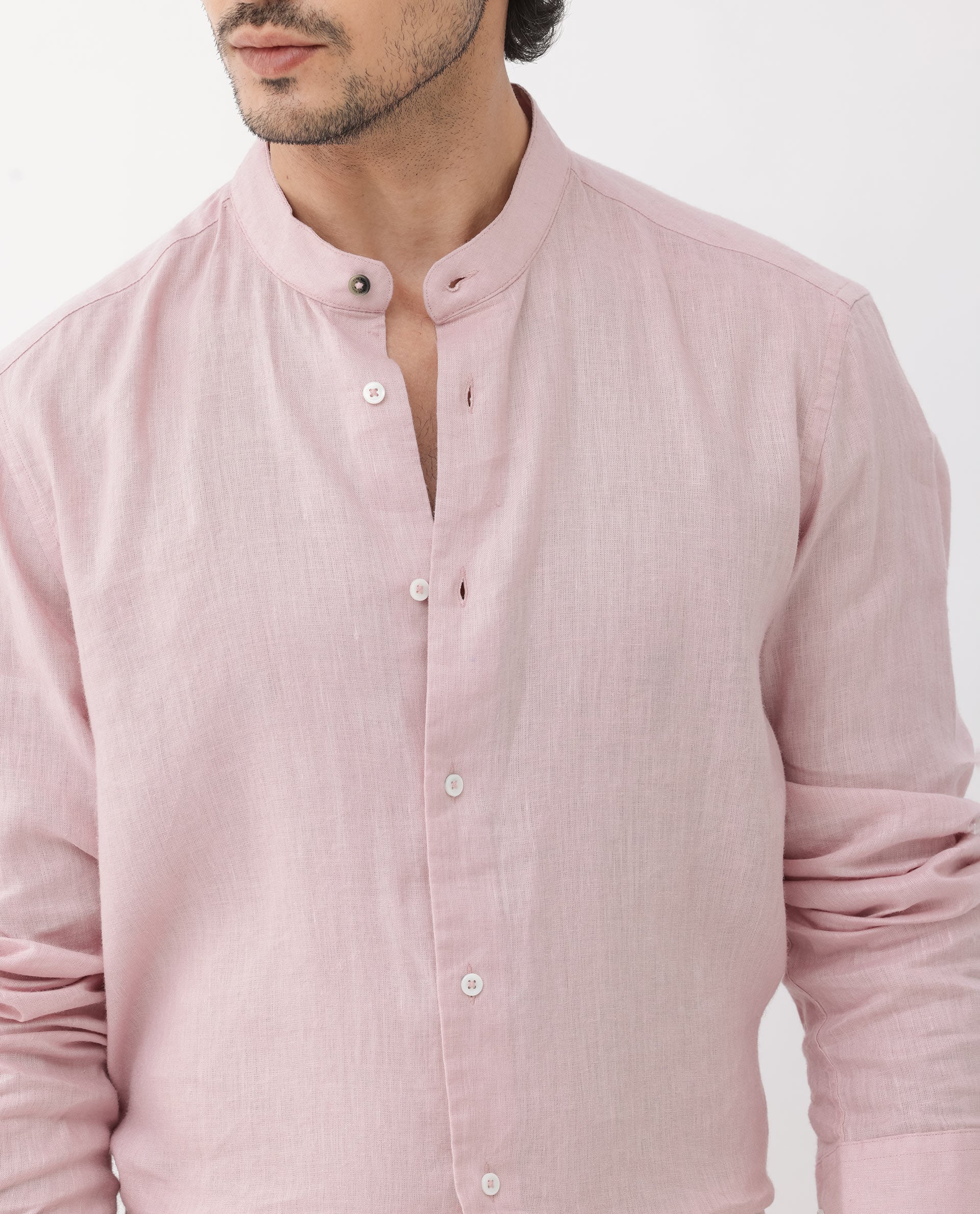 Rare Rabbit Men's Cinex Pastel Pink Full Sleeve Mandarin Collar Solid Linen Shirt