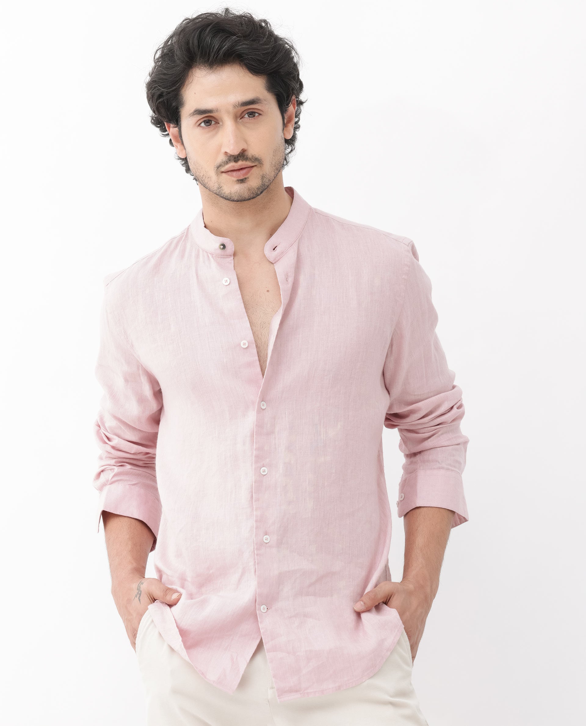 Rare Rabbit Men's Cinex Pastel Pink Full Sleeve Mandarin Collar Solid Linen Shirt