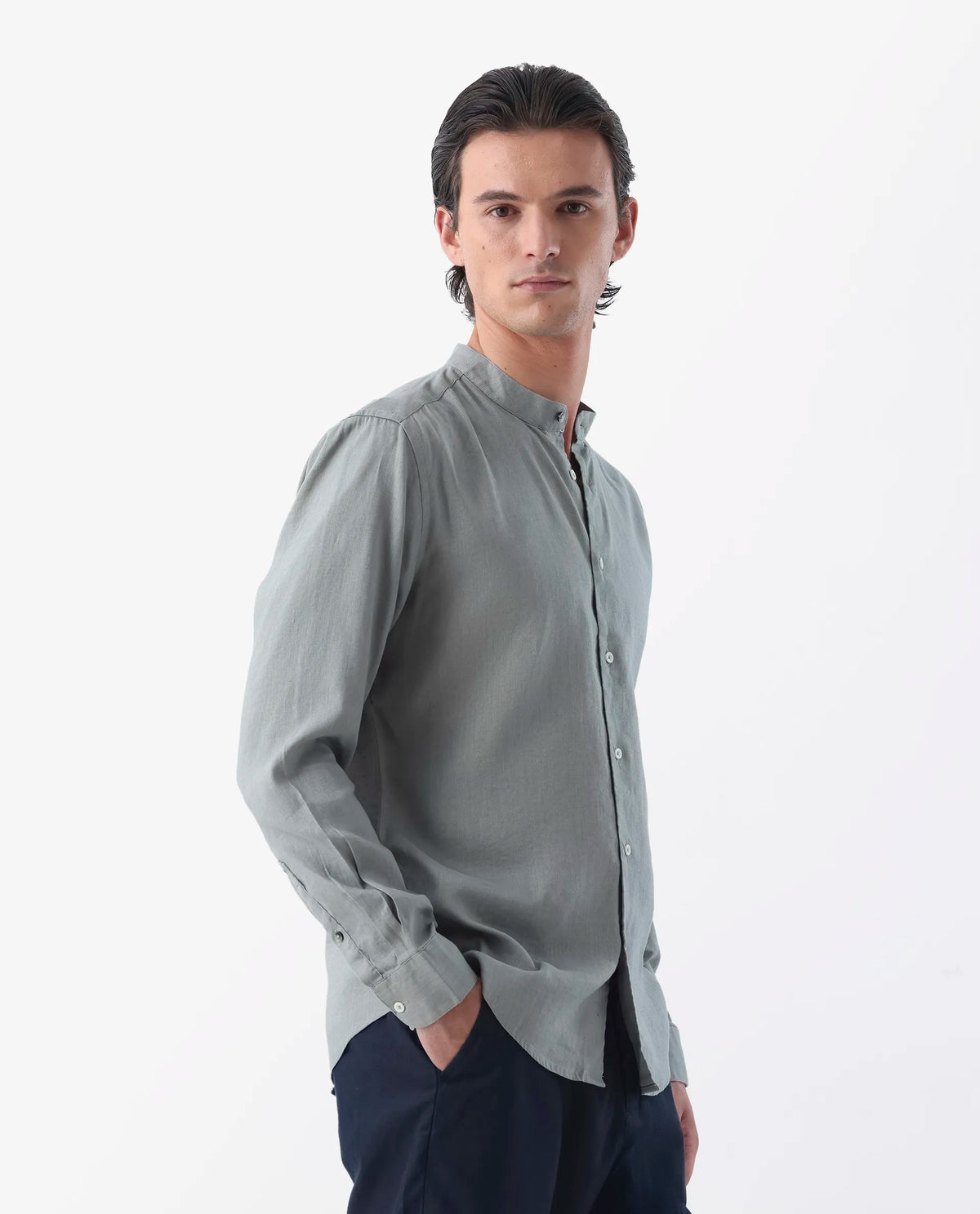 Rare Rabbit Men's Cinex Dusky Green Linen Blend Plain Regular Fit Full Sleeve Mandarin Collar Shirt