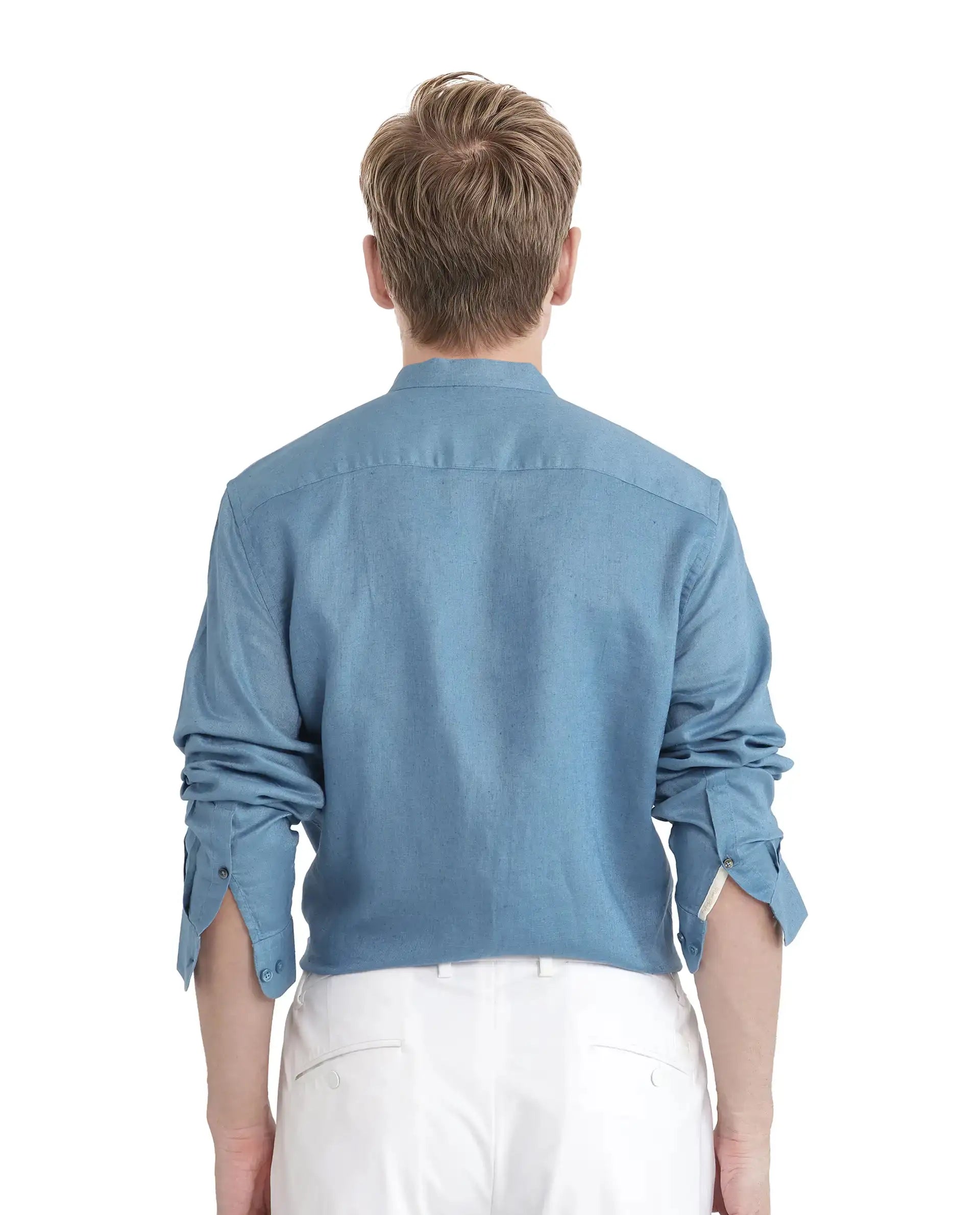 Rare Rabbit Men's Cinex Ls-25 Blue Linen Blend Plain Regular Fit Full Sleeve Mandarin Collar Shirt